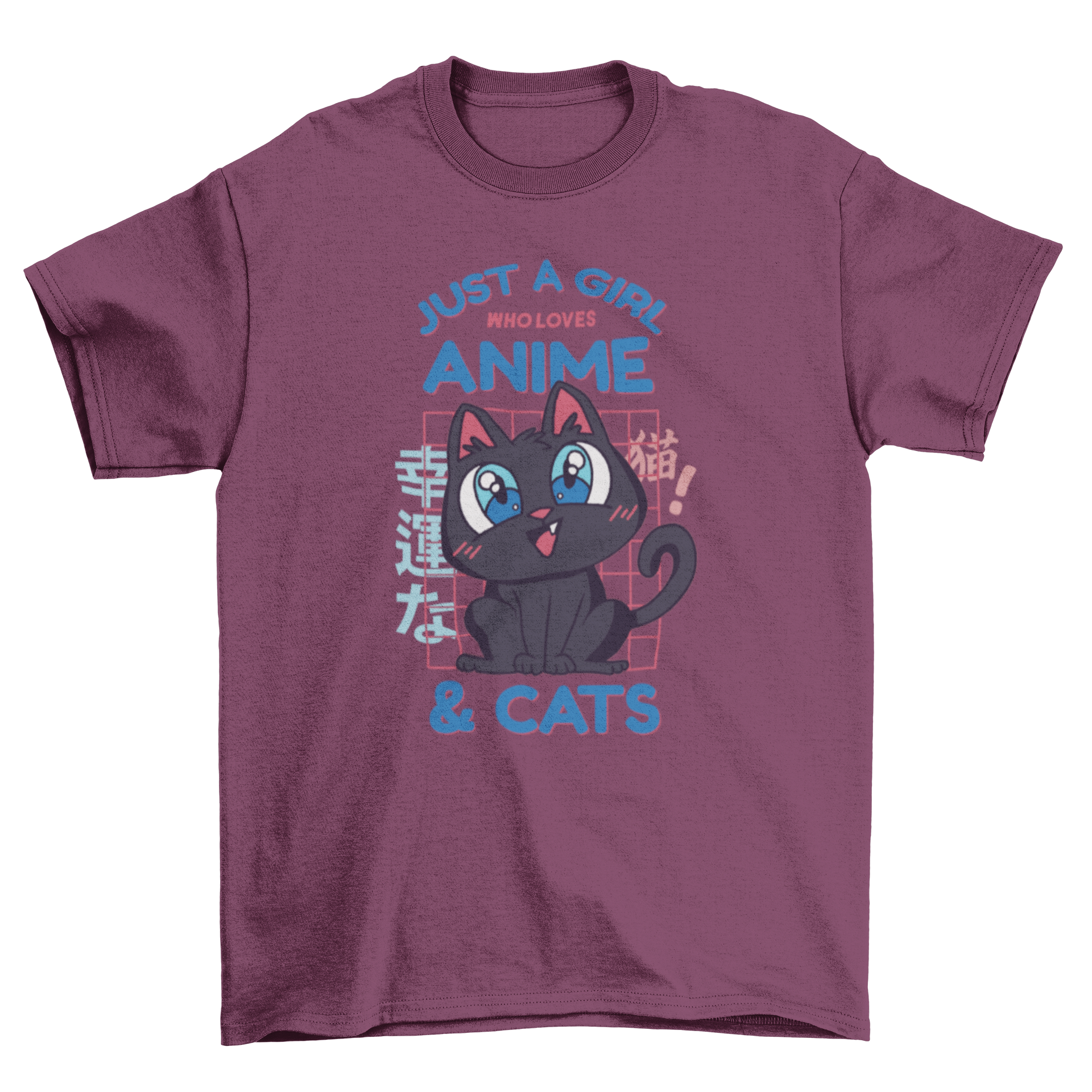 Cute black cat t-shirt featuring the quote 'Just a girl who loves anime & cats'.