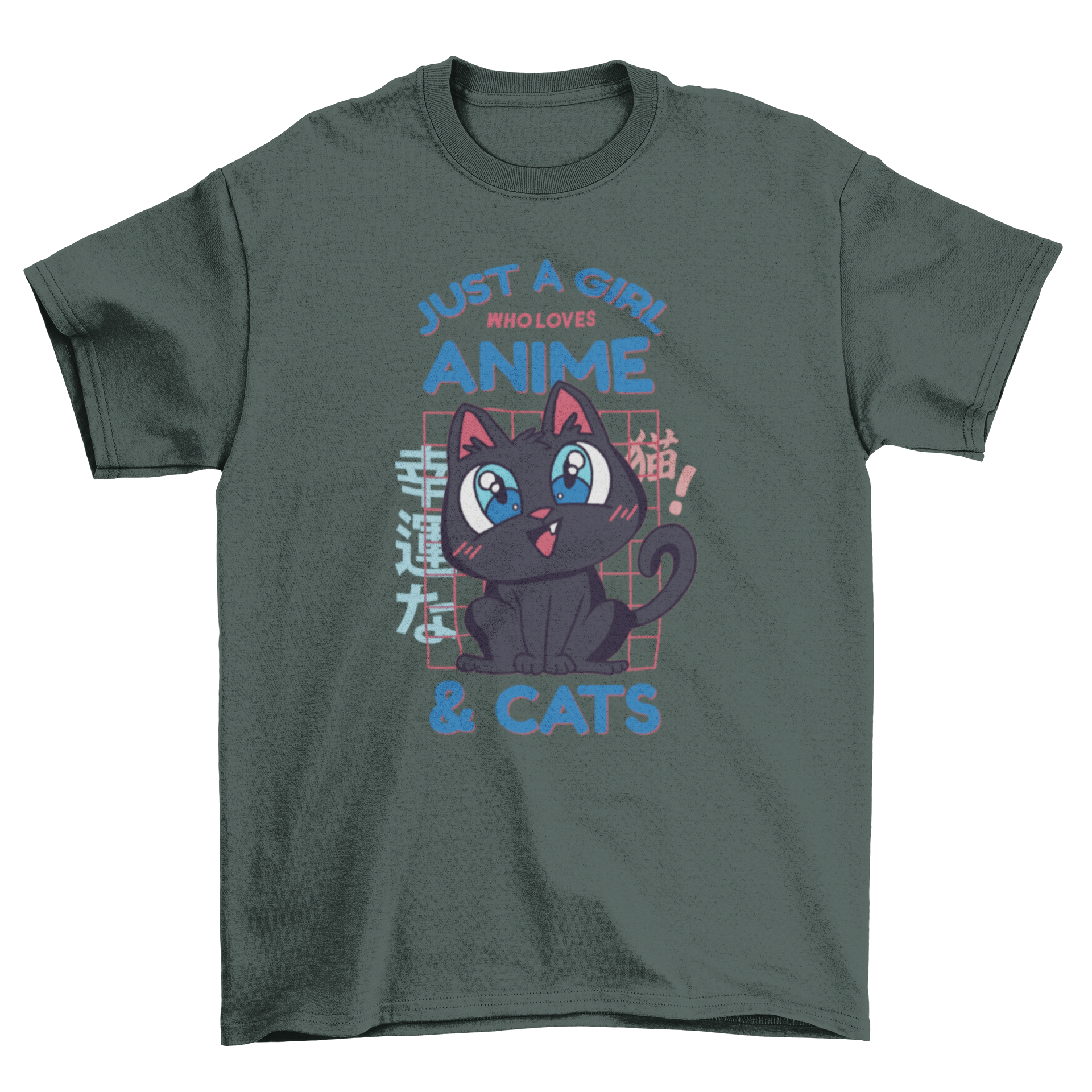 Cute black cat t-shirt featuring the quote 'Just a girl who loves anime & cats'.