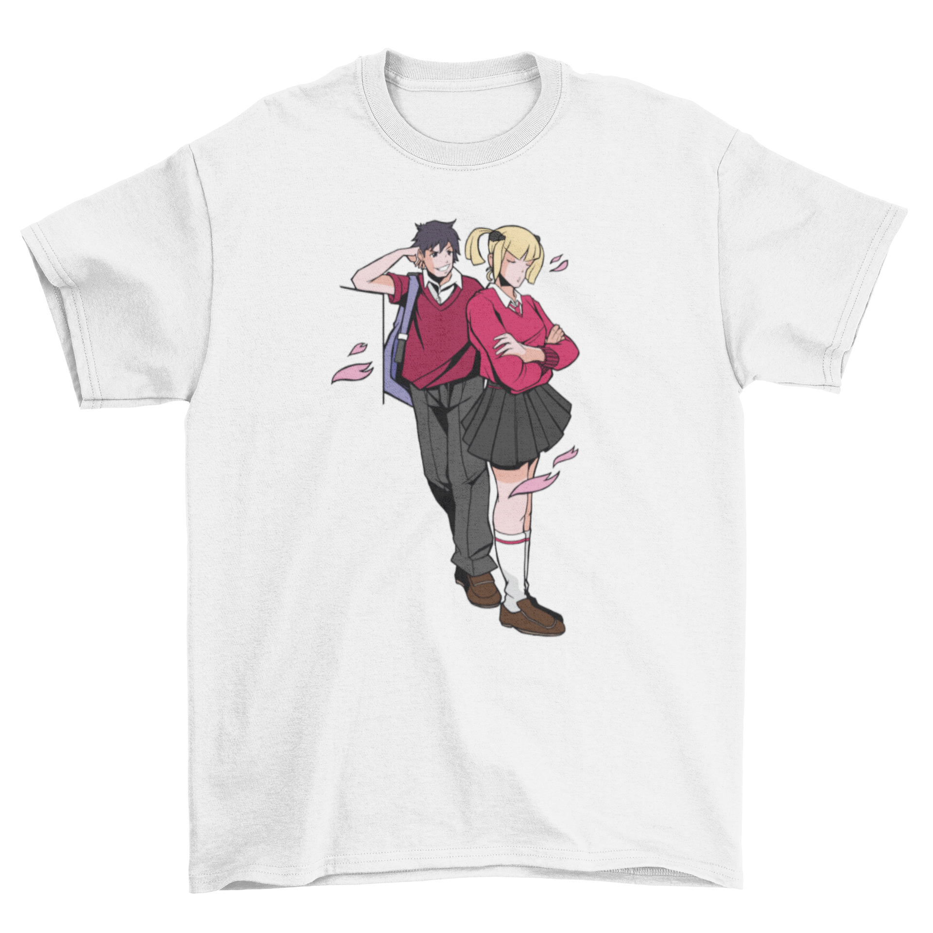 Anime couple flirting t-shirt featuring a boy and girl in a playful pose, showcasing vibrant colors and intricate design.