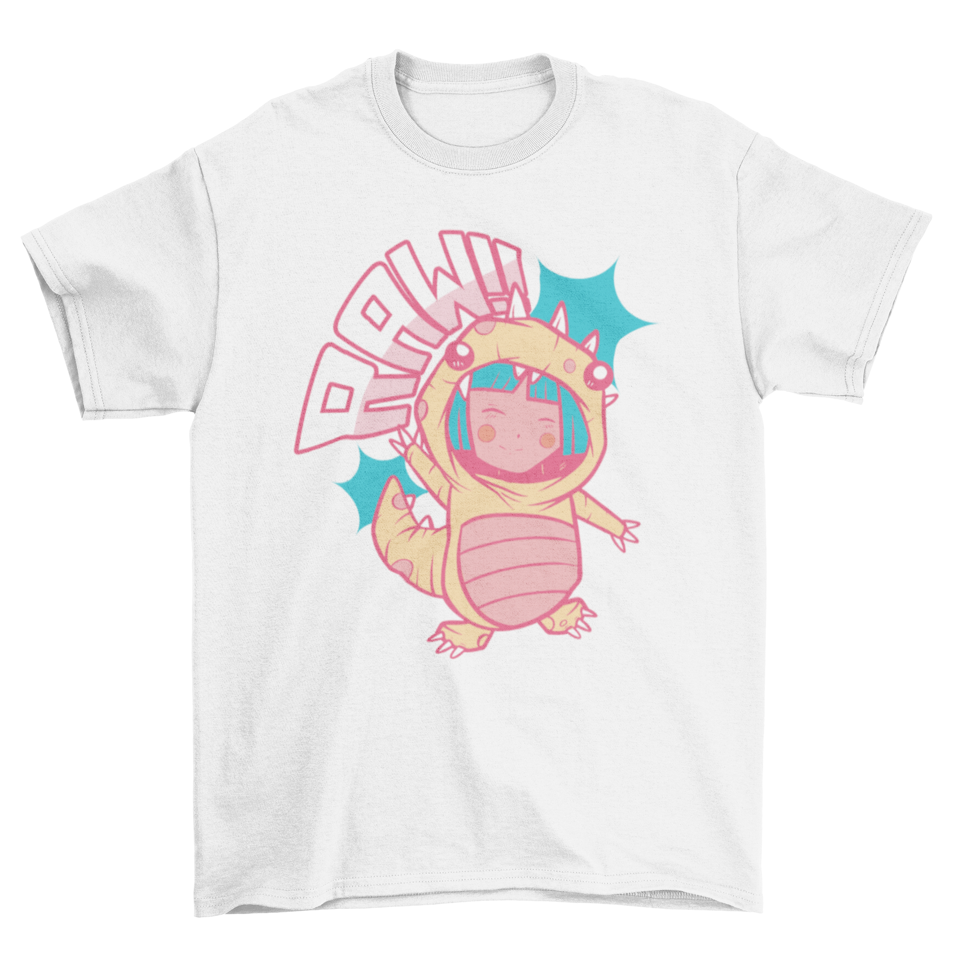 Anime dinosaur t-shirt featuring a girl in a colorful dinosaur costume, showcasing a playful and cute design.