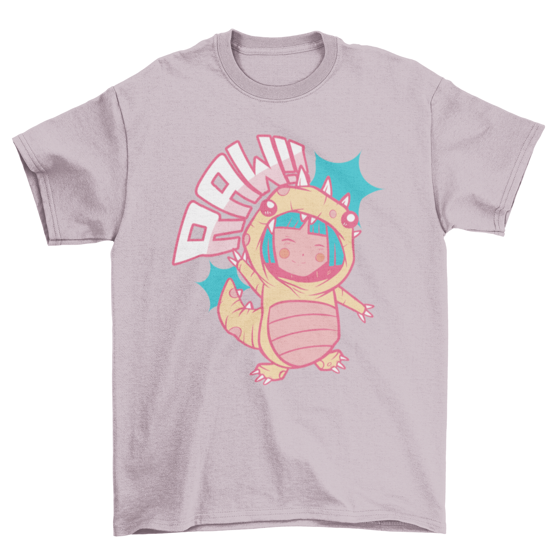 Anime dinosaur t-shirt featuring a girl in a colorful dinosaur costume, showcasing a playful and cute design.