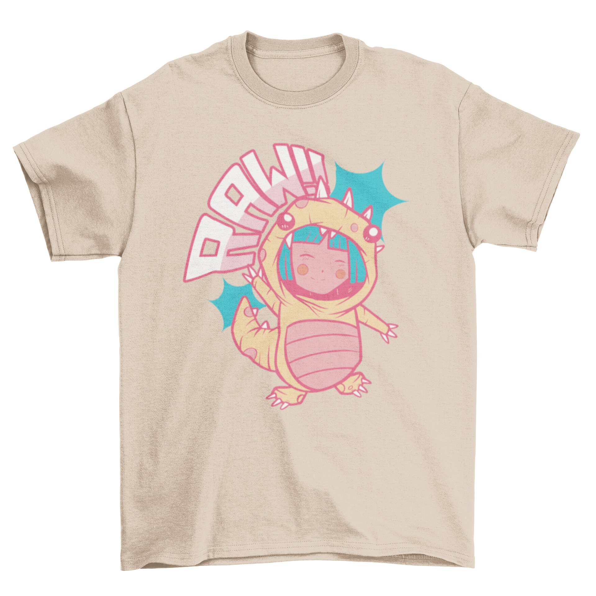 Anime dinosaur t-shirt featuring a girl in a colorful dinosaur costume, showcasing a playful and cute design.