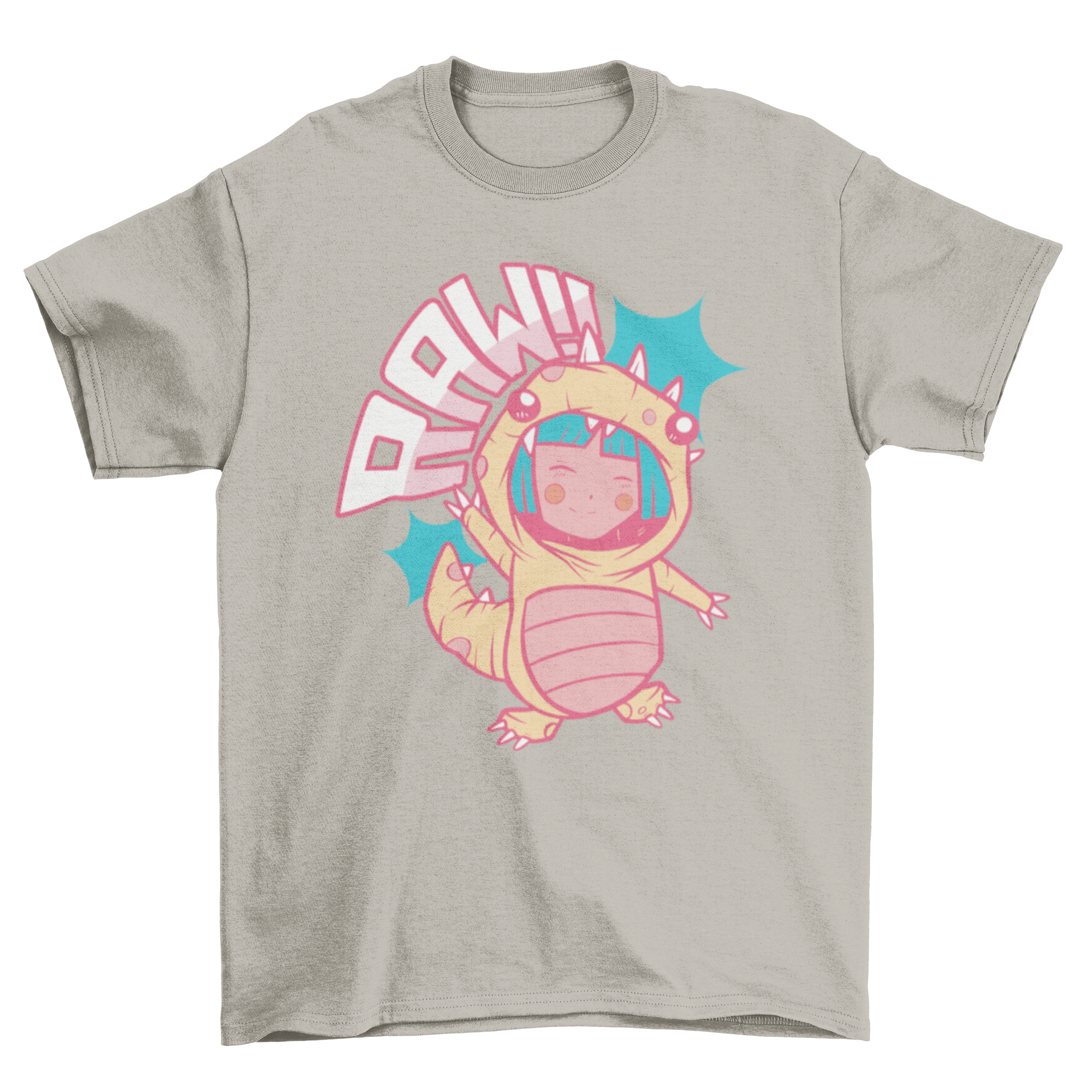 Anime dinosaur t-shirt featuring a girl in a colorful dinosaur costume, showcasing a playful and cute design.