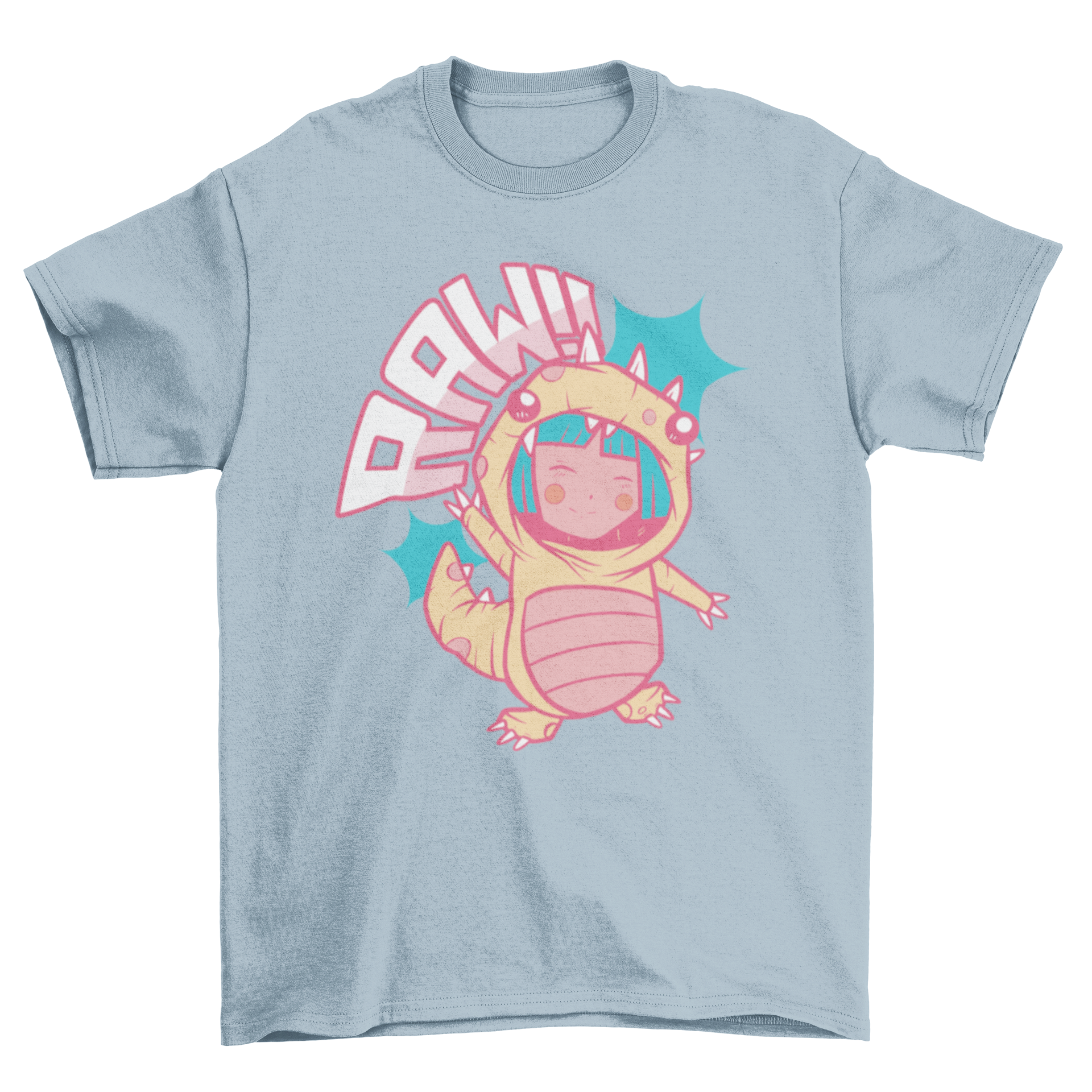 Anime dinosaur t-shirt featuring a girl in a colorful dinosaur costume, showcasing a playful and cute design.