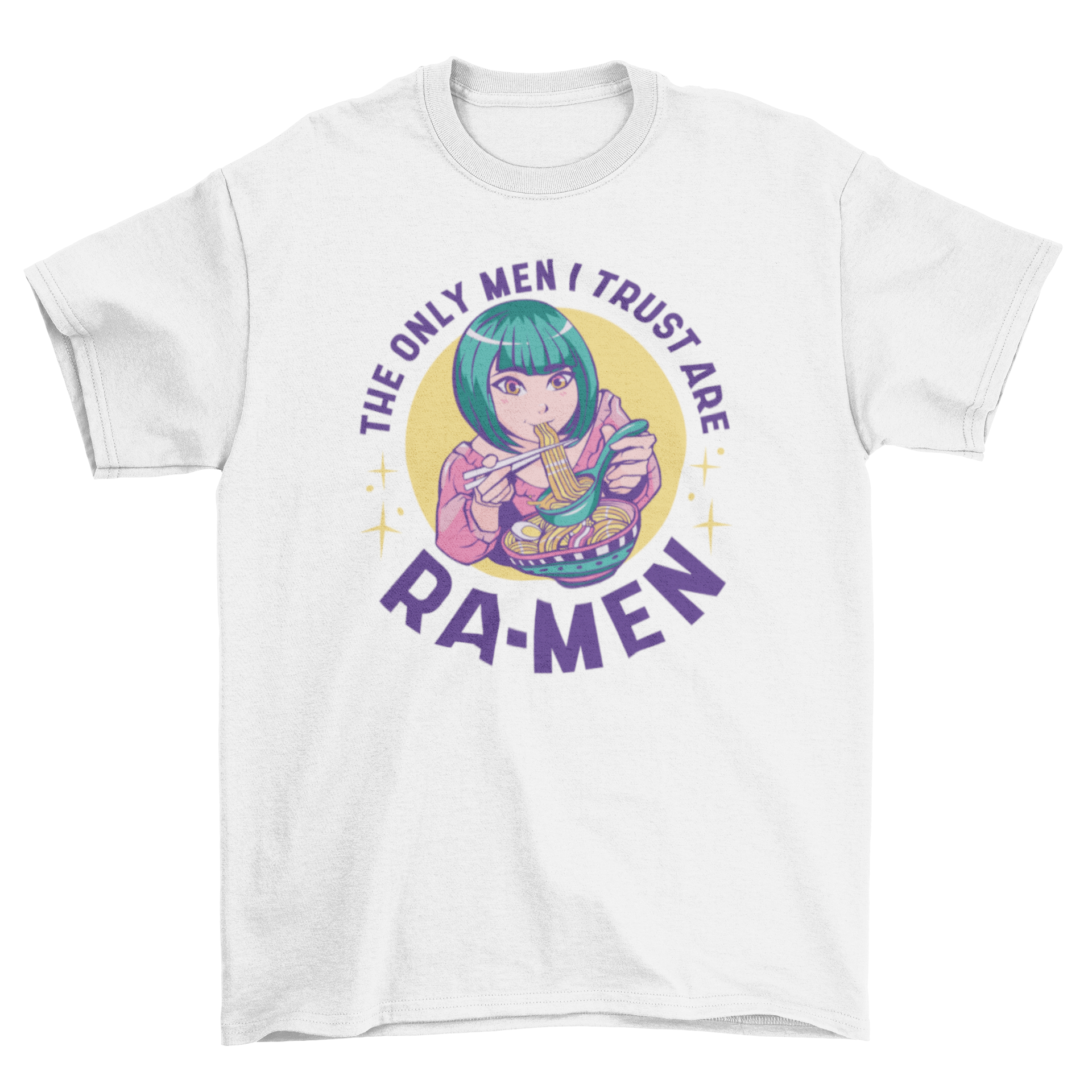 Anime girl enjoying a bowl of ramen with a humorous quote on a t-shirt.