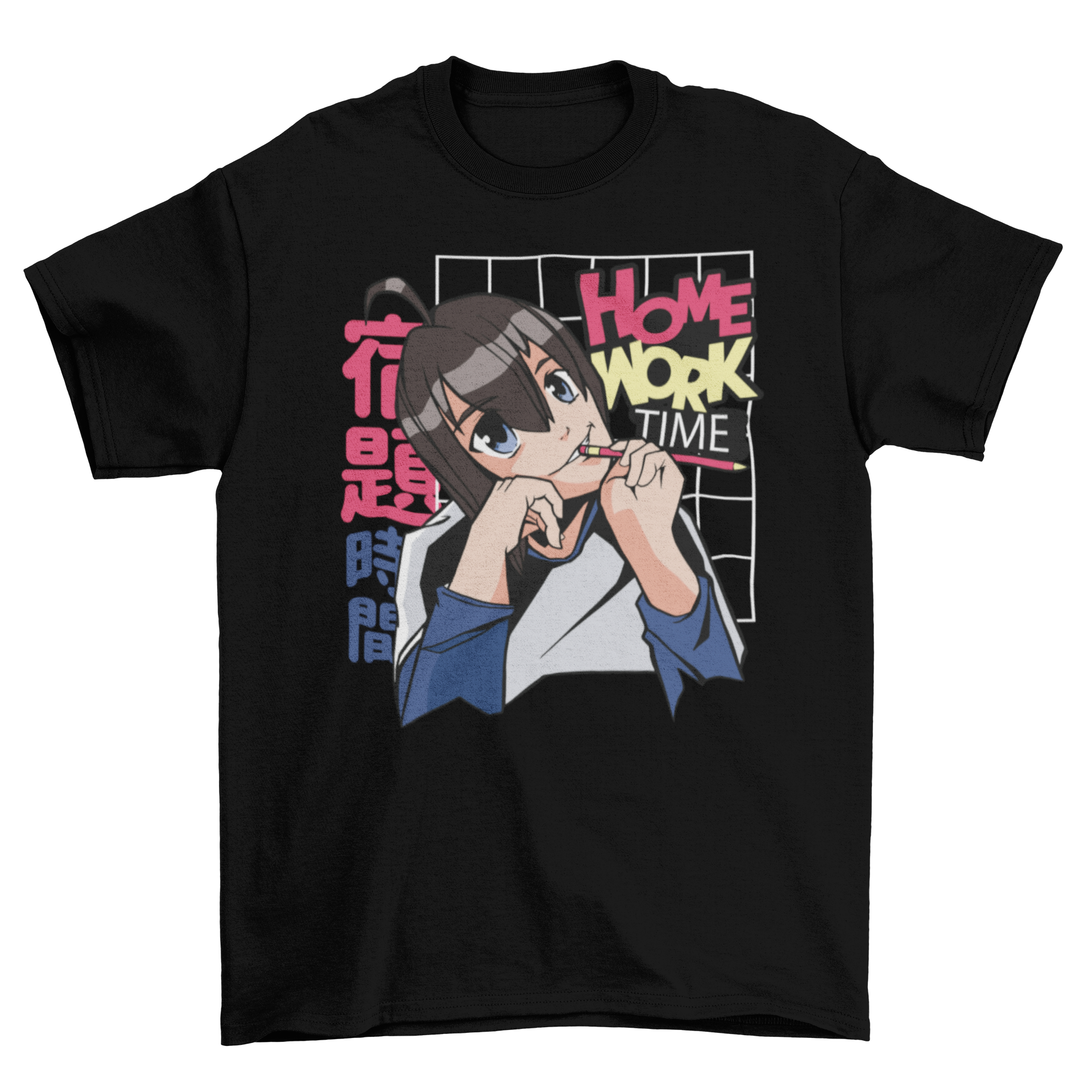 Anime girl t-shirt featuring a motivational quote about homework, designed for students and anime fans.