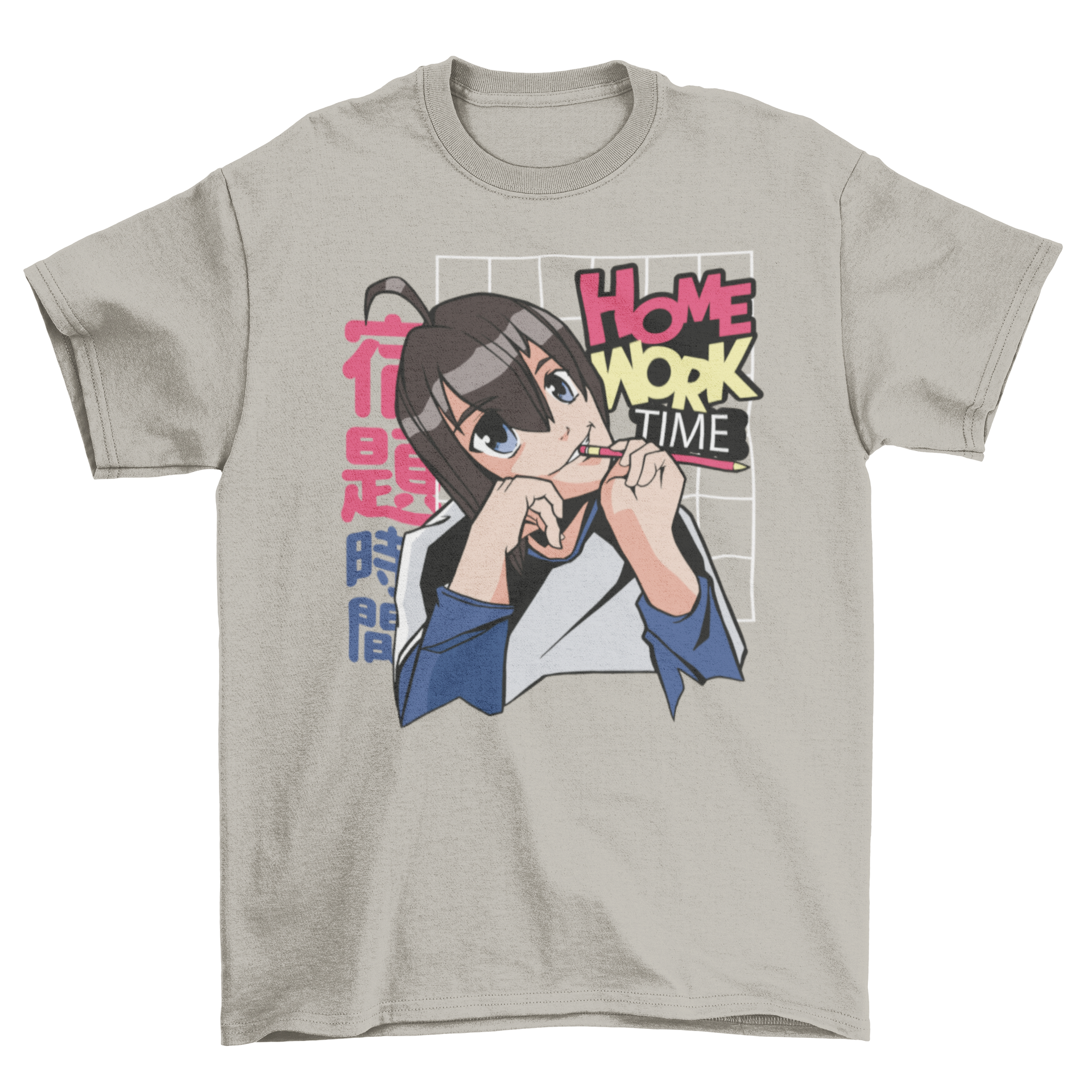 Anime girl t-shirt featuring a motivational quote about homework, designed for students and anime fans.