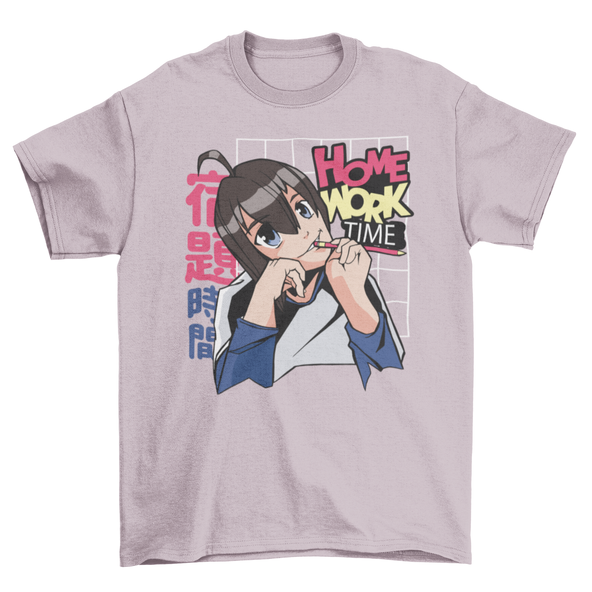 Anime girl t-shirt featuring a motivational quote about homework, designed for students and anime fans.