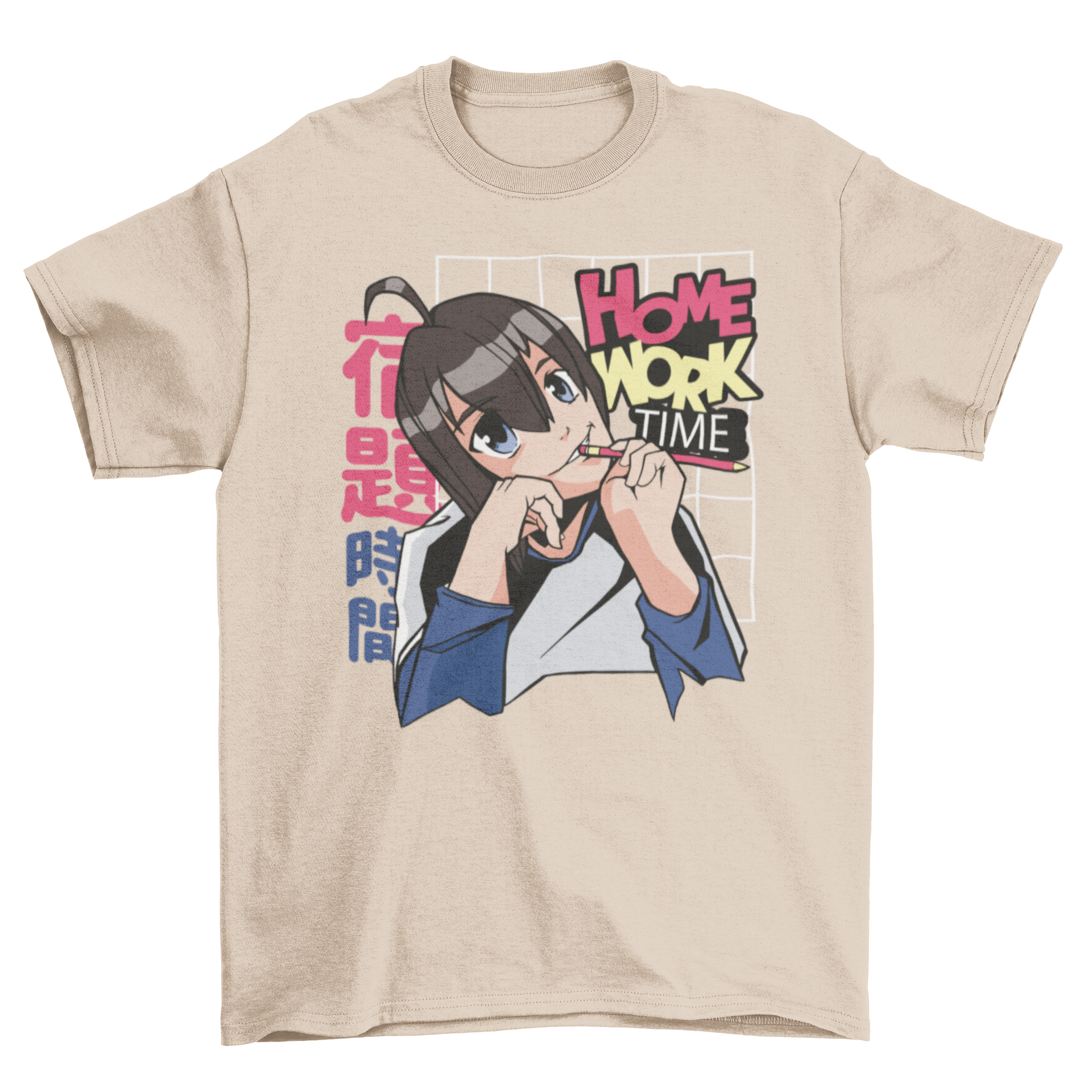 Anime girl t-shirt featuring a motivational quote about homework, designed for students and anime fans.