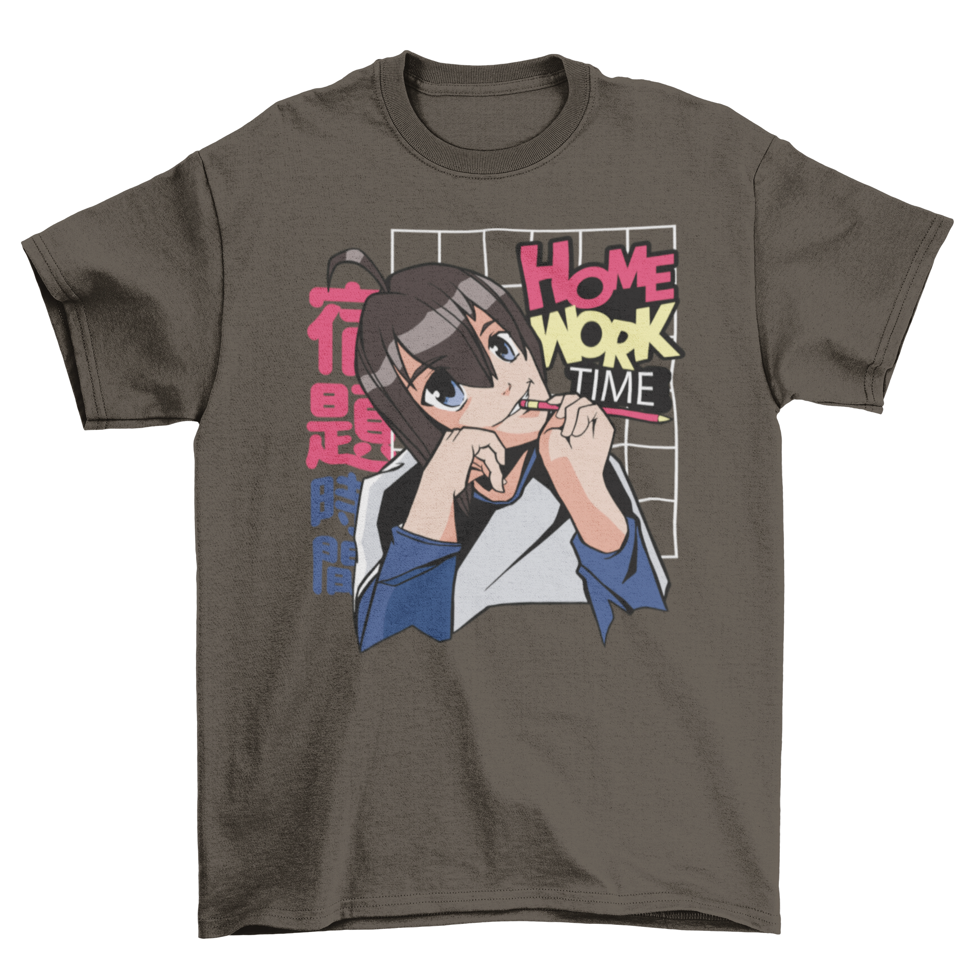 Anime girl t-shirt featuring a motivational quote about homework, designed for students and anime fans.