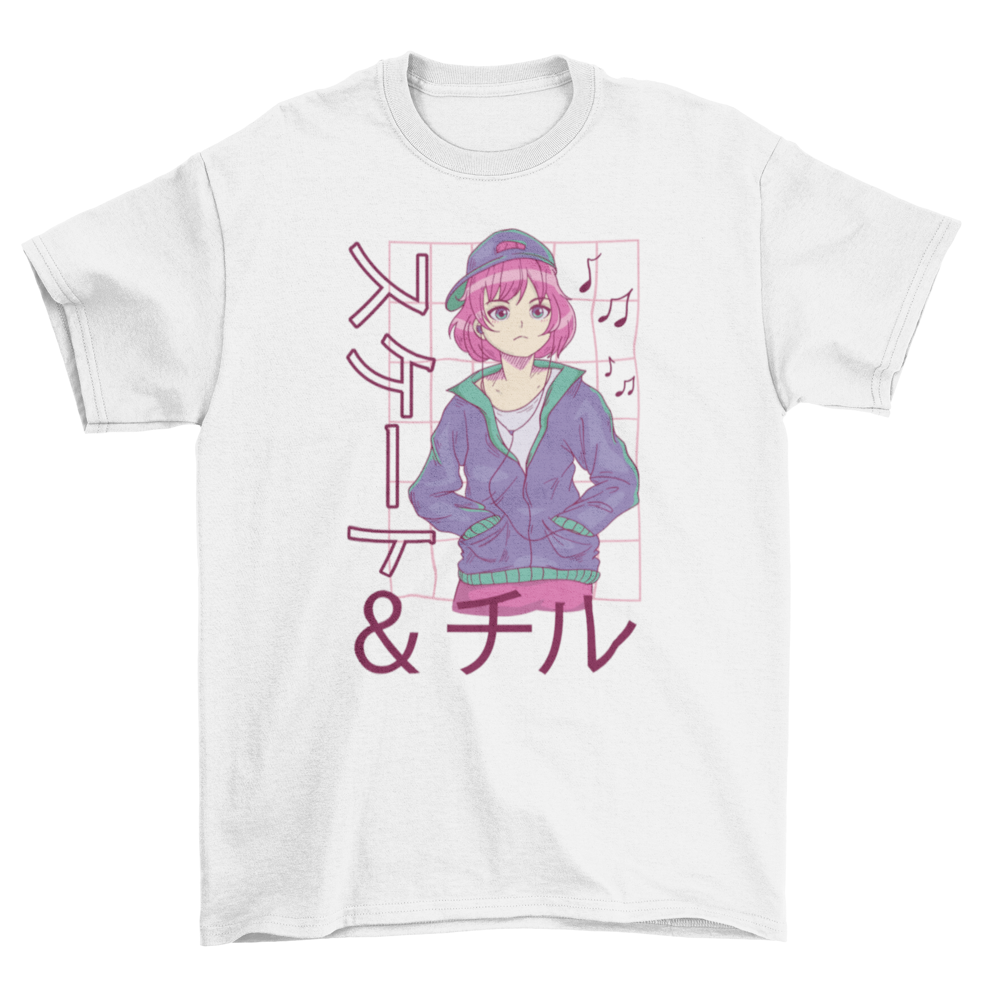 Anime girl wearing headphones on a stylish t-shirt with Japanese quote.