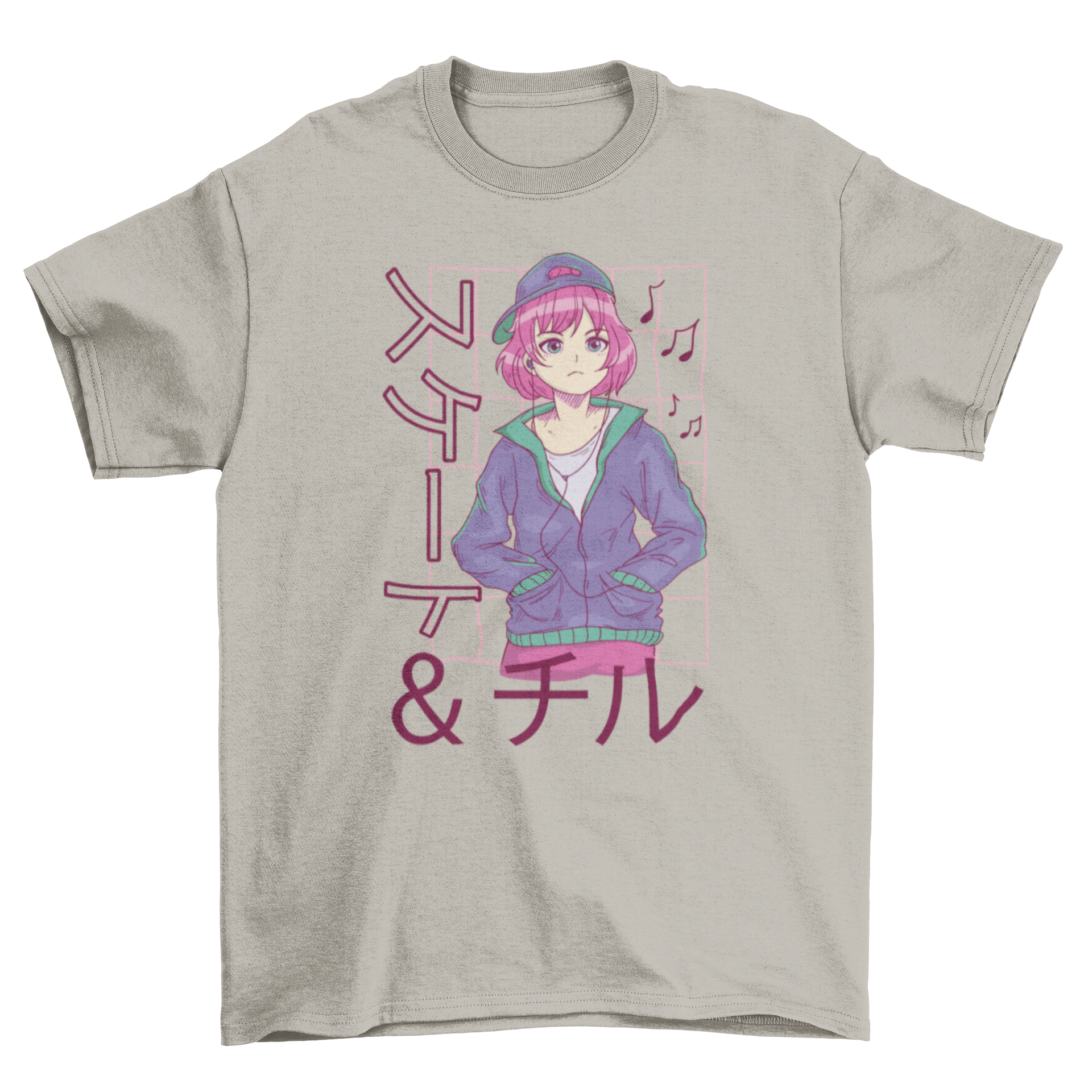 Anime girl wearing headphones on a stylish t-shirt with Japanese quote.