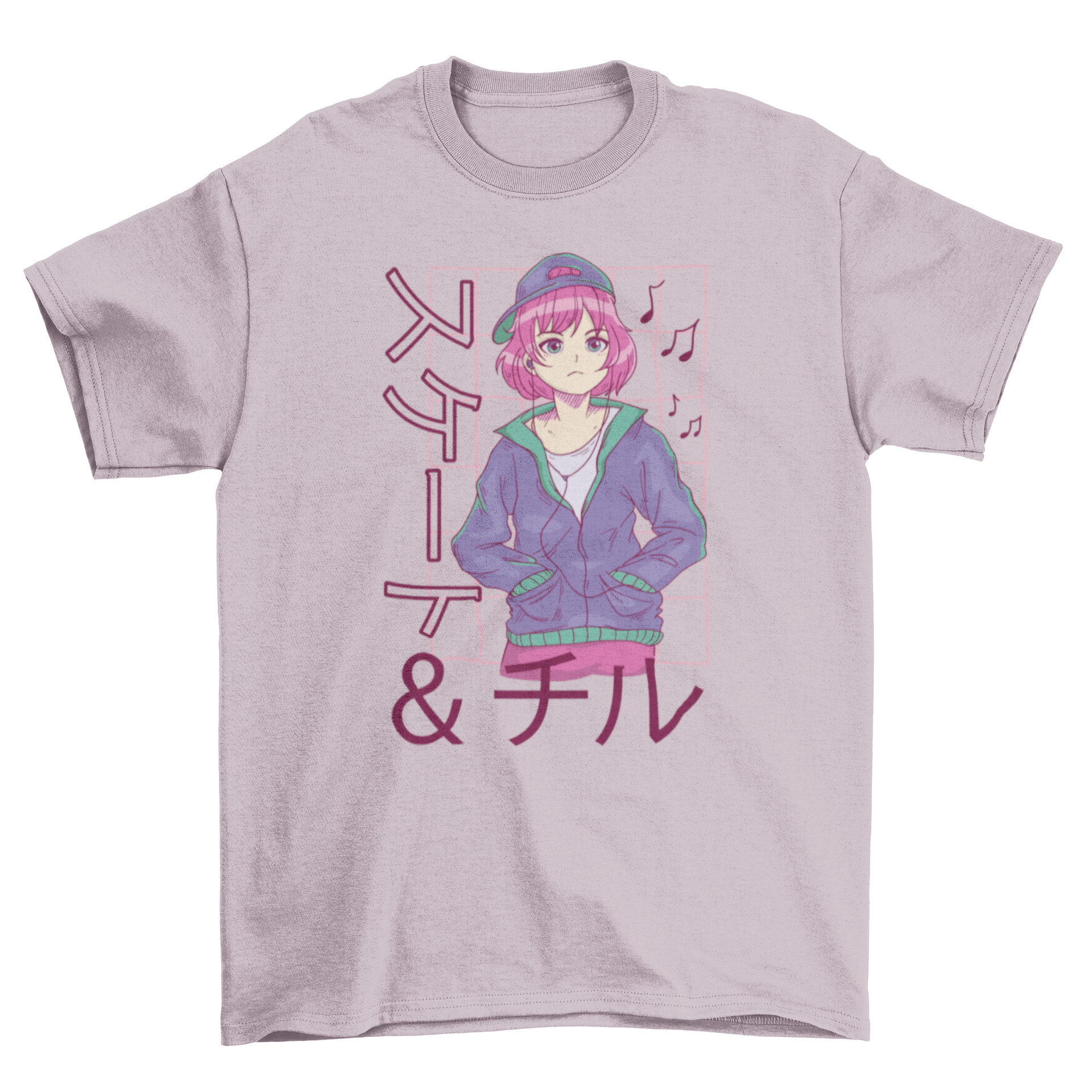 Anime girl wearing headphones on a stylish t-shirt with Japanese quote.