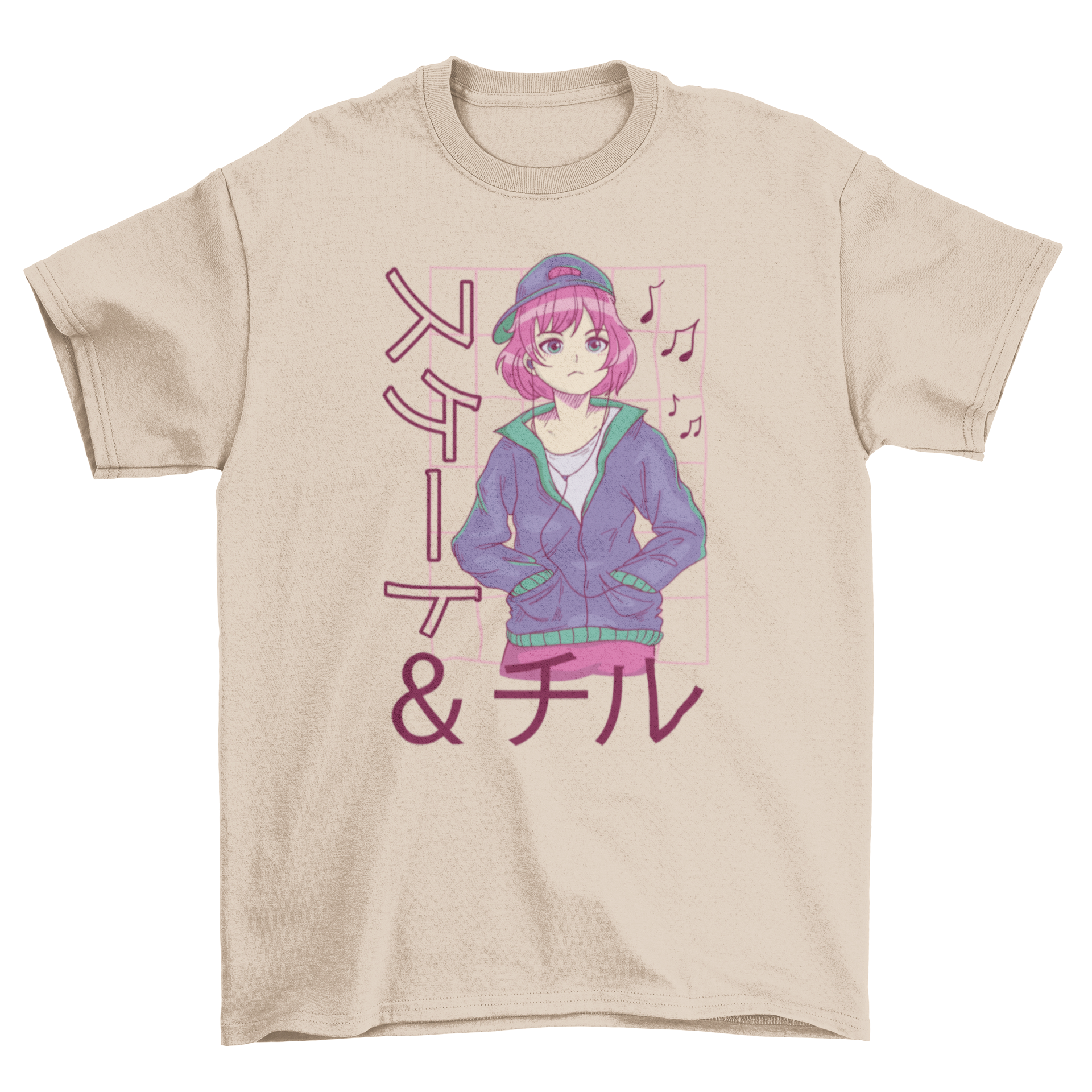Anime girl wearing headphones on a stylish t-shirt with Japanese quote.