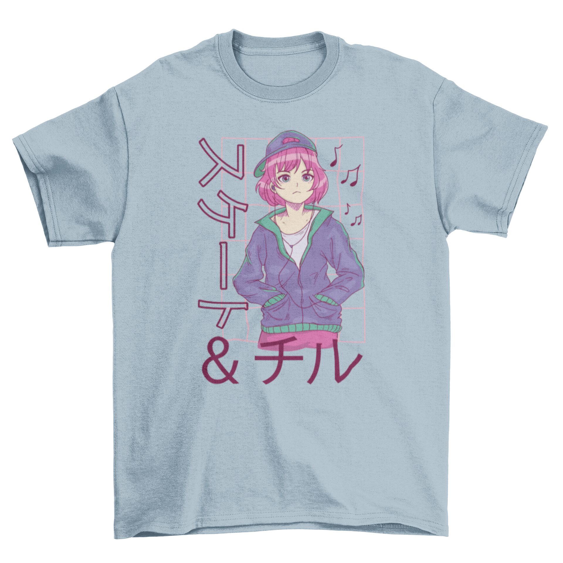 Anime girl wearing headphones on a stylish t-shirt with Japanese quote.