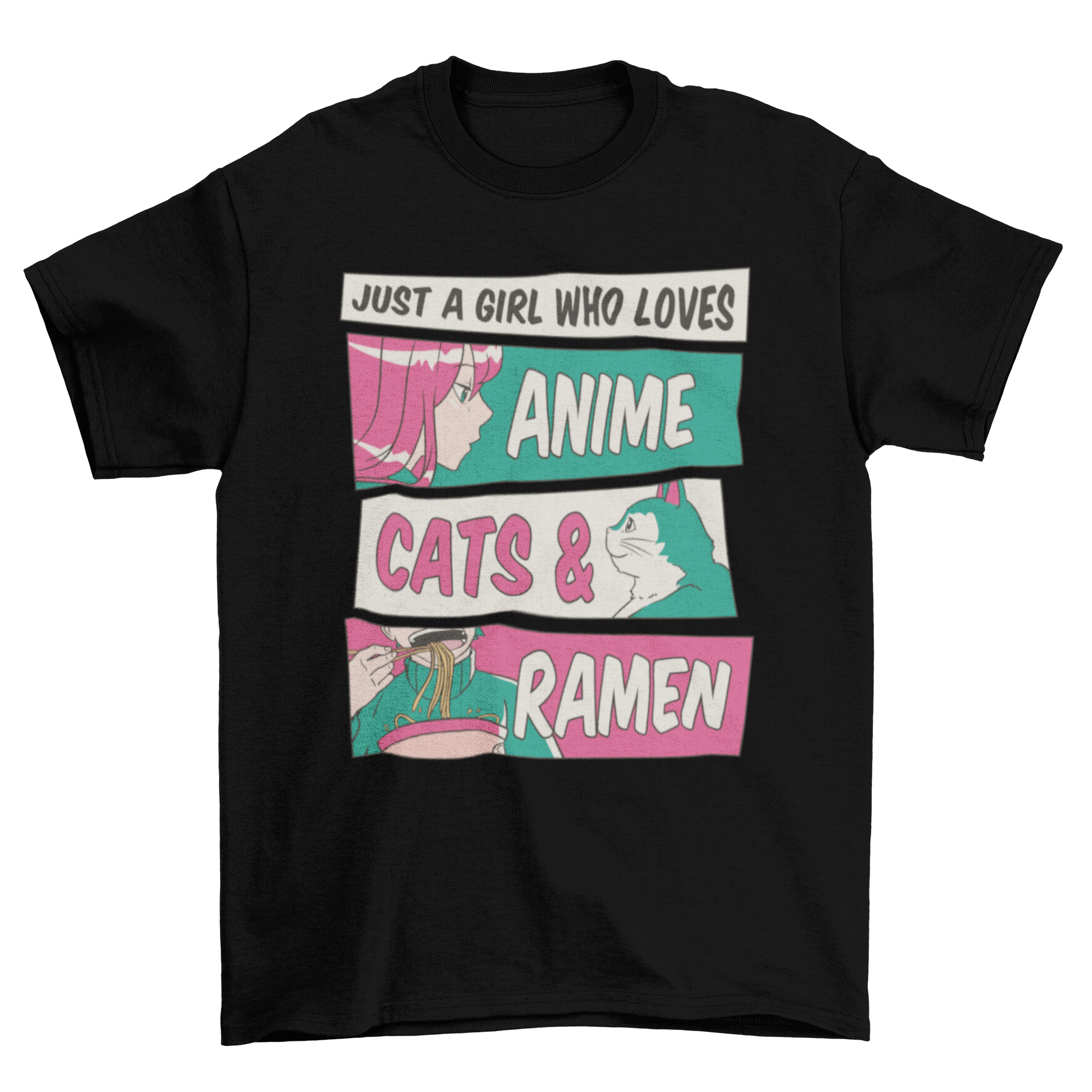 Anime girl t-shirt design featuring a girl with a cat and ramen noodles, showcasing vibrant colors and playful quote.