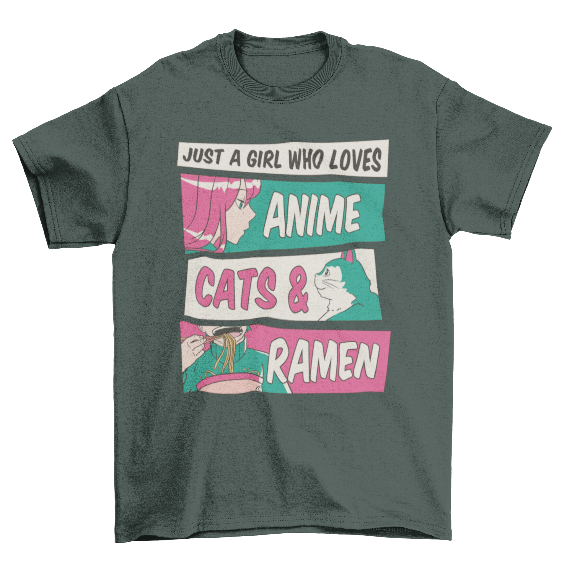 Anime girl t-shirt design featuring a girl with a cat and ramen noodles, showcasing vibrant colors and playful quote.