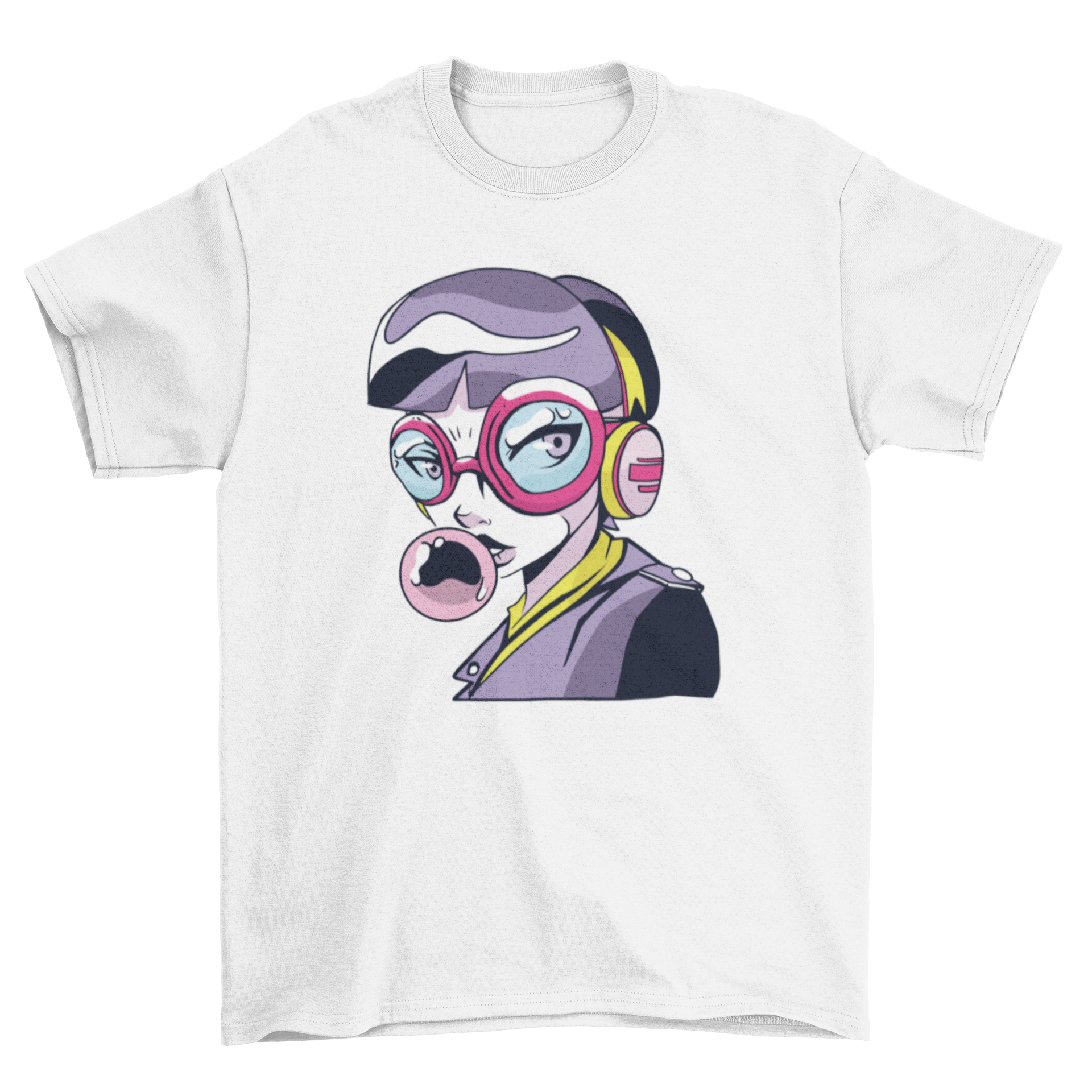 Anime girl wearing glasses and blowing bubblegum on a stylish t-shirt.