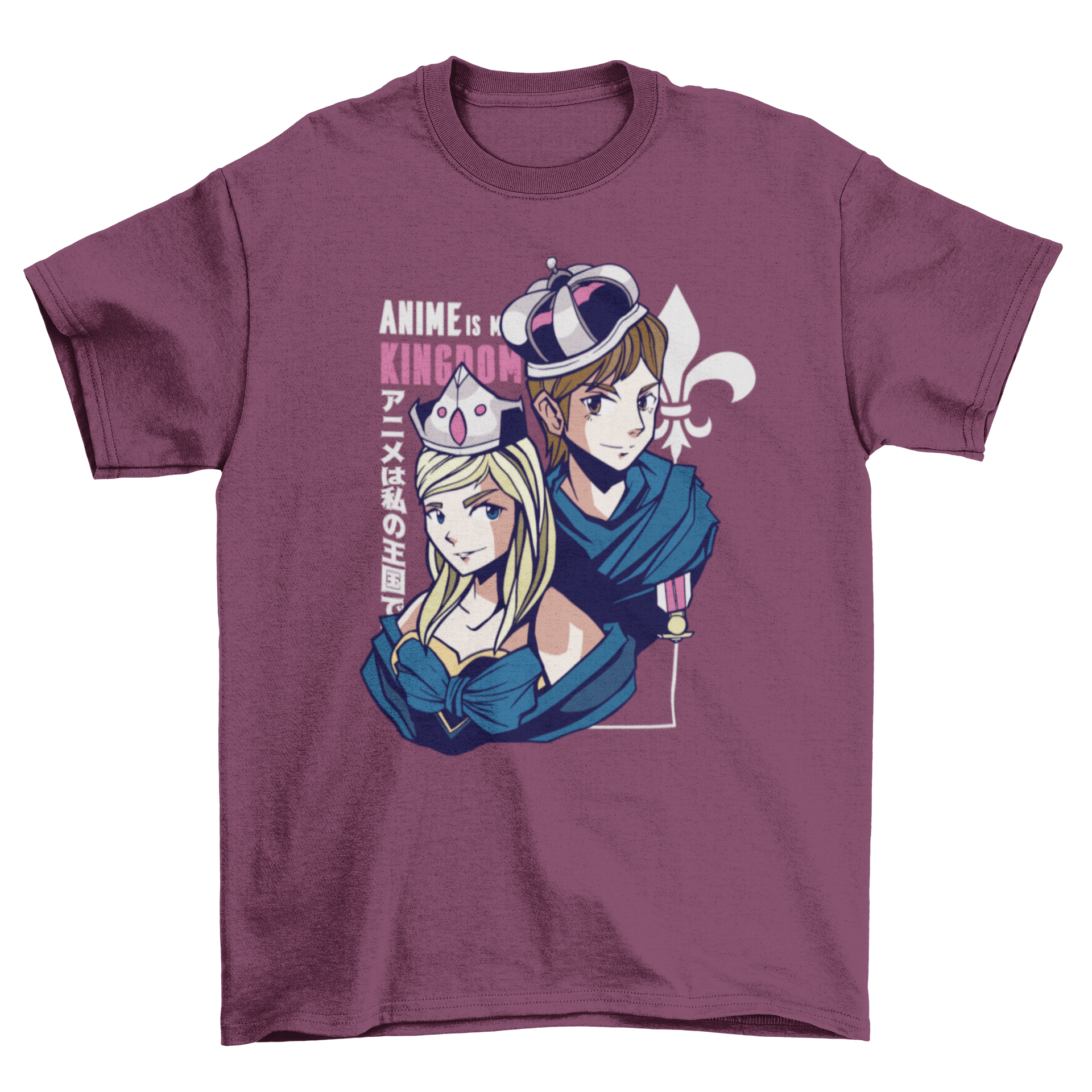 Anime king and queen t-shirt featuring vibrant artwork and the quote 'Anime is my kingdom'.