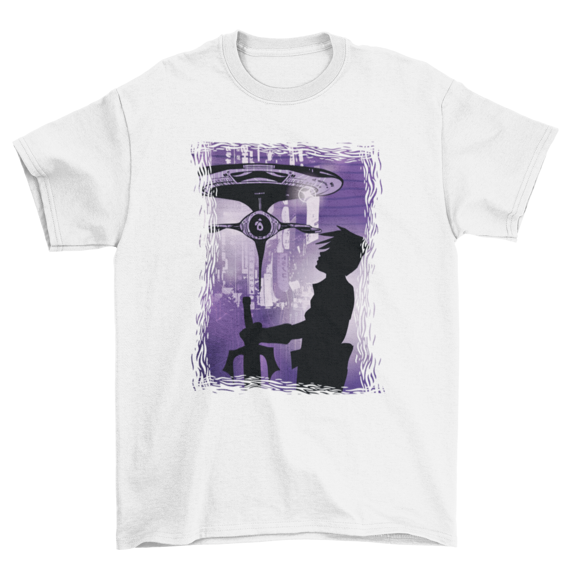 Anime Sci-Fi Guy T-Shirt featuring a futuristic silhouette design, perfect for anime enthusiasts.