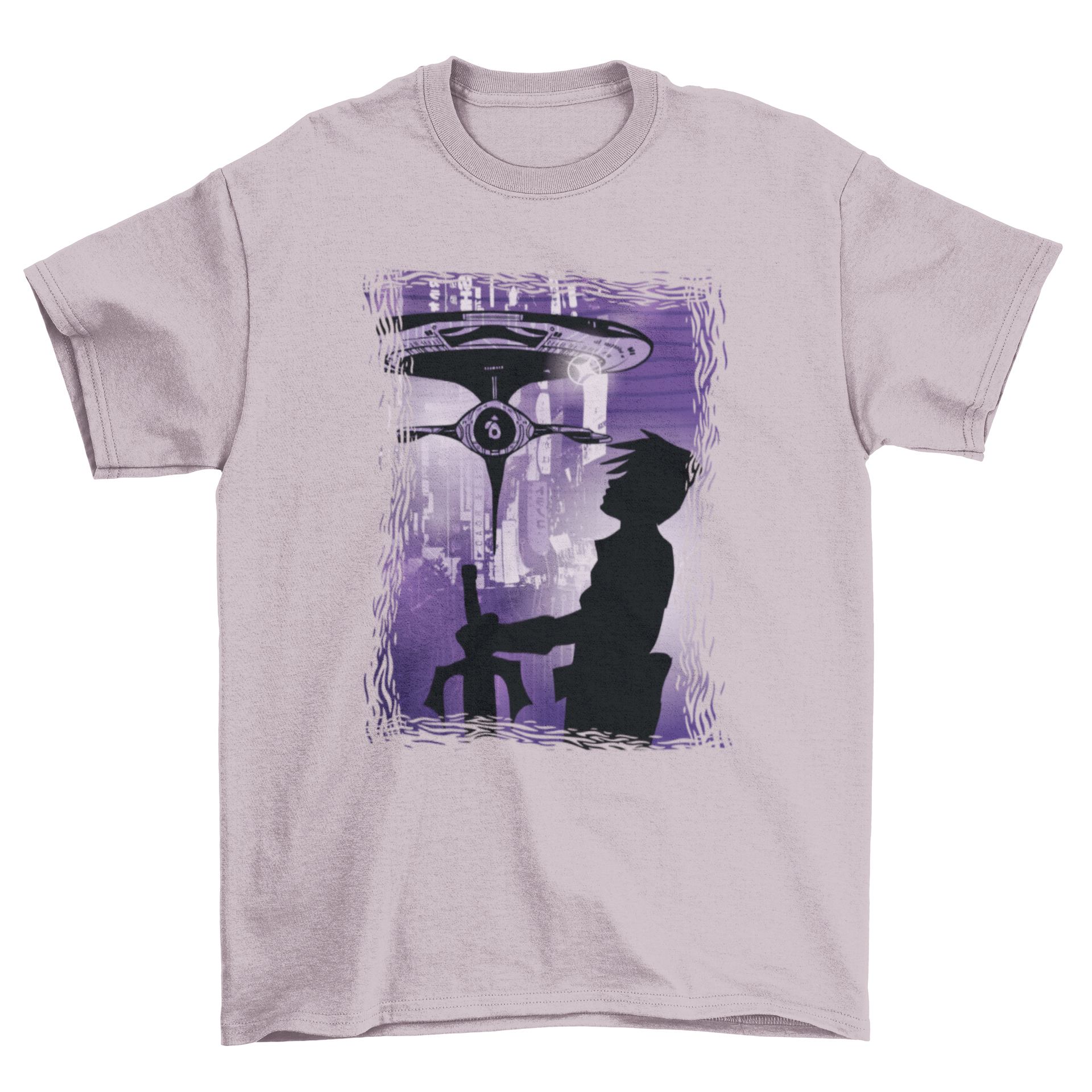 Anime Sci-Fi Guy T-Shirt featuring a futuristic silhouette design, perfect for anime enthusiasts.