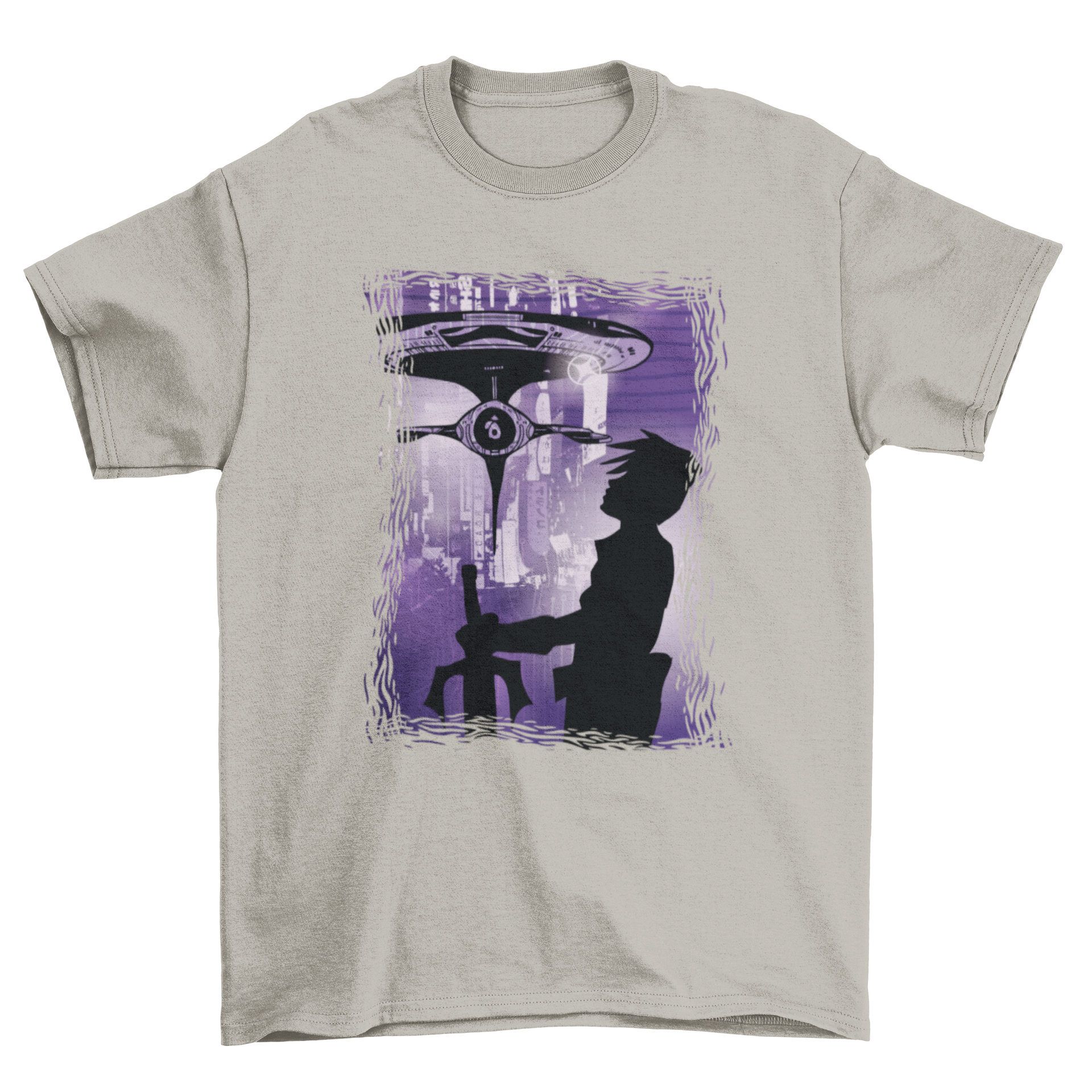 Anime Sci-Fi Guy T-Shirt featuring a futuristic silhouette design, perfect for anime enthusiasts.