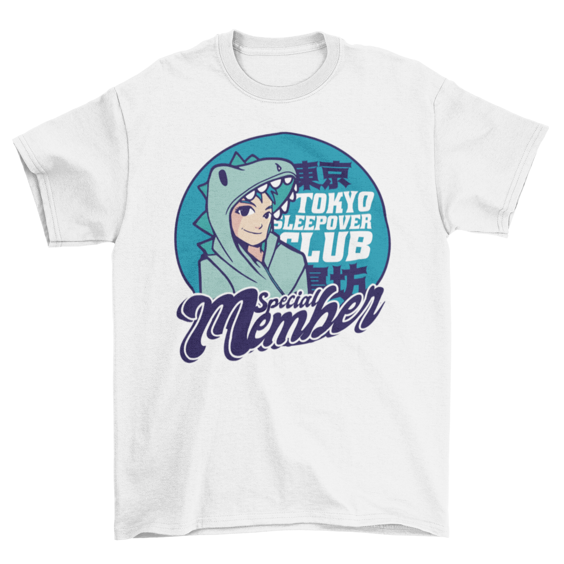Anime sleepover t-shirt featuring an anime boy in dinosaur pajamas with the quote 'Tokyo sleepover club special member'.