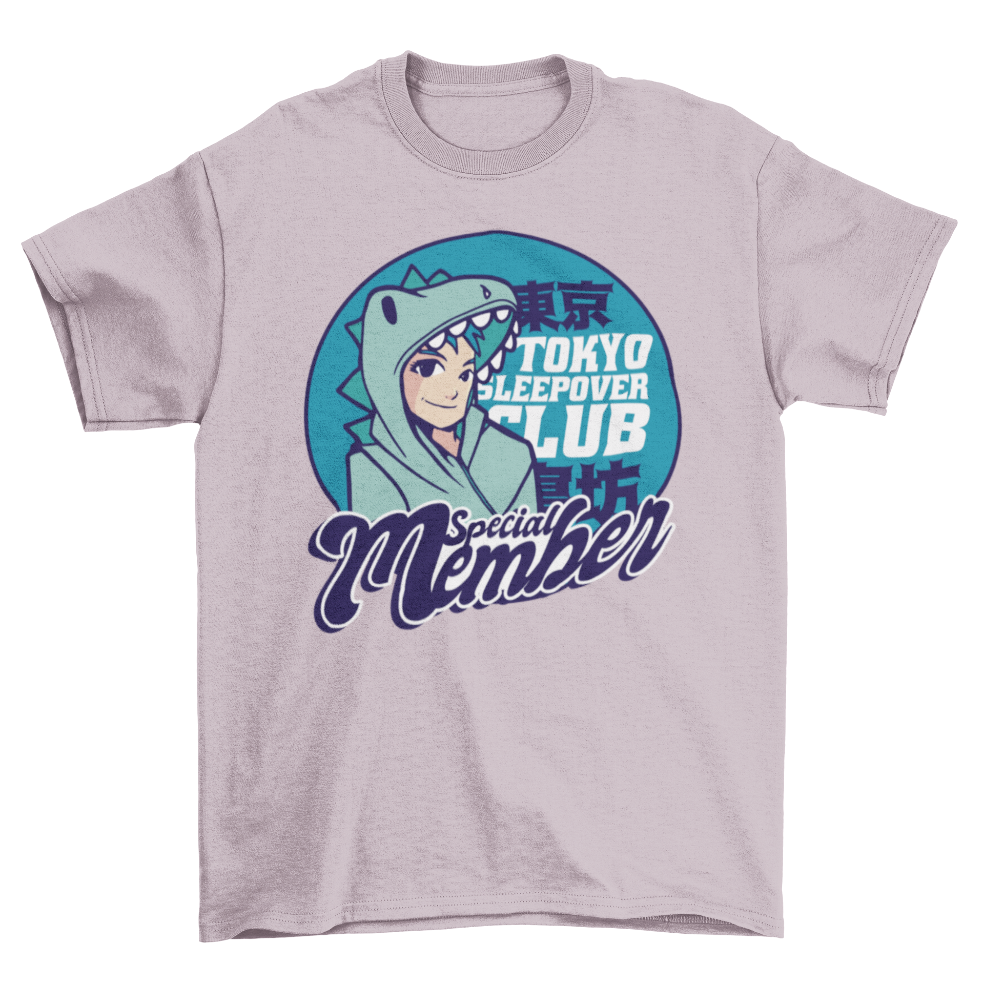 Anime sleepover t-shirt featuring an anime boy in dinosaur pajamas with the quote 'Tokyo sleepover club special member'.
