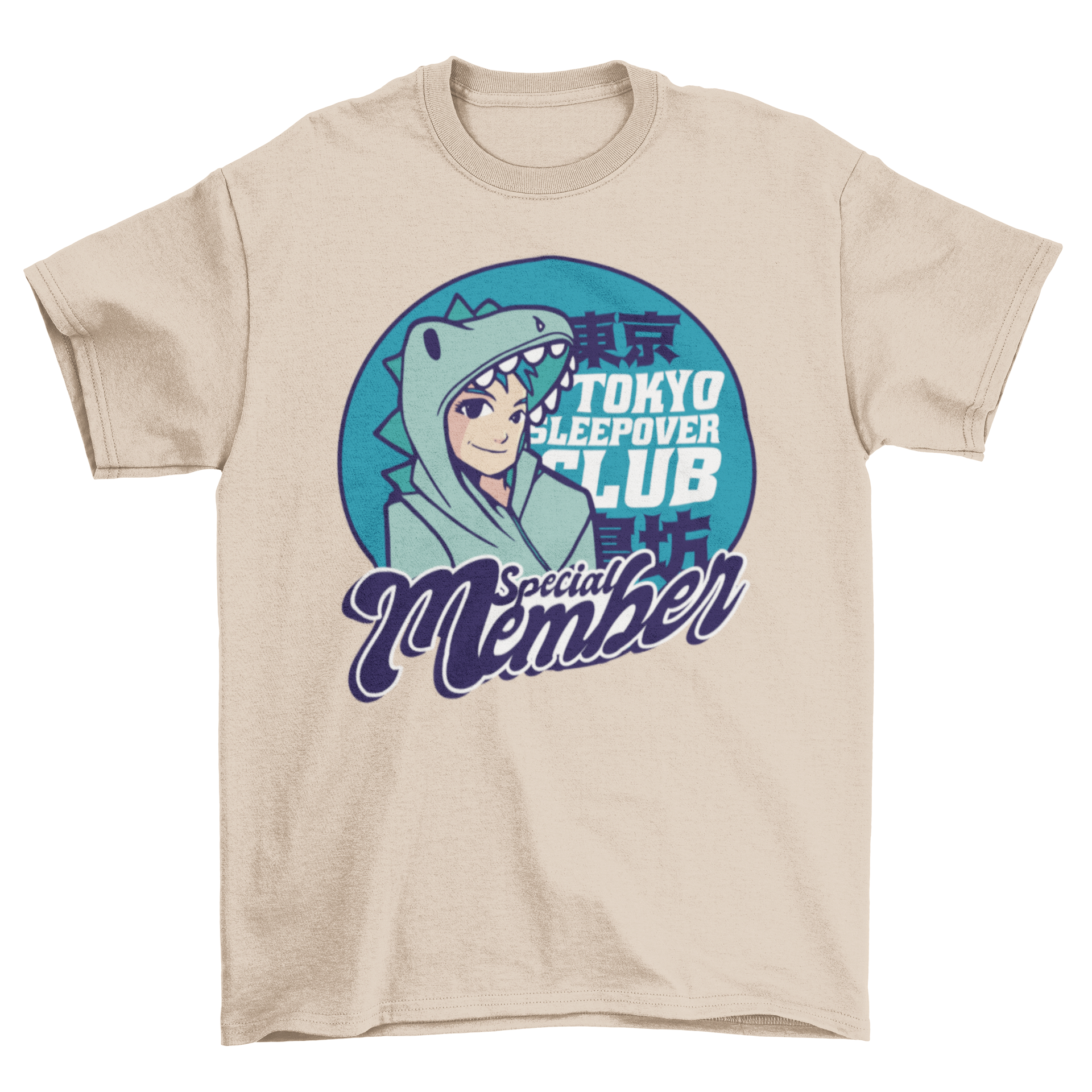 Anime sleepover t-shirt featuring an anime boy in dinosaur pajamas with the quote 'Tokyo sleepover club special member'.