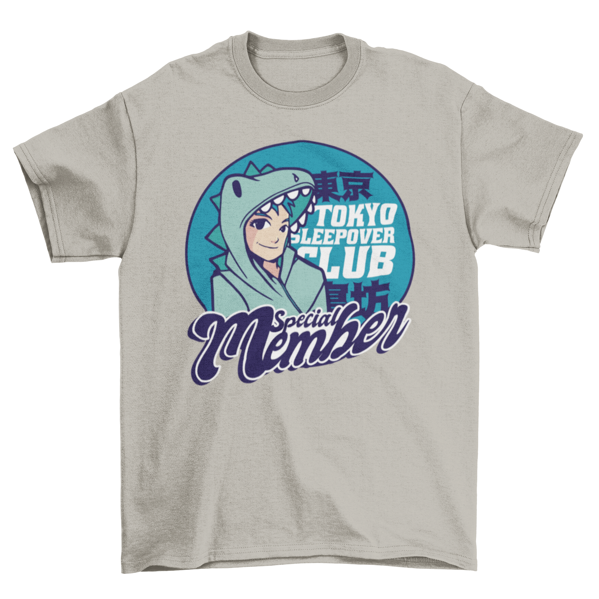 Anime sleepover t-shirt featuring an anime boy in dinosaur pajamas with the quote 'Tokyo sleepover club special member'.