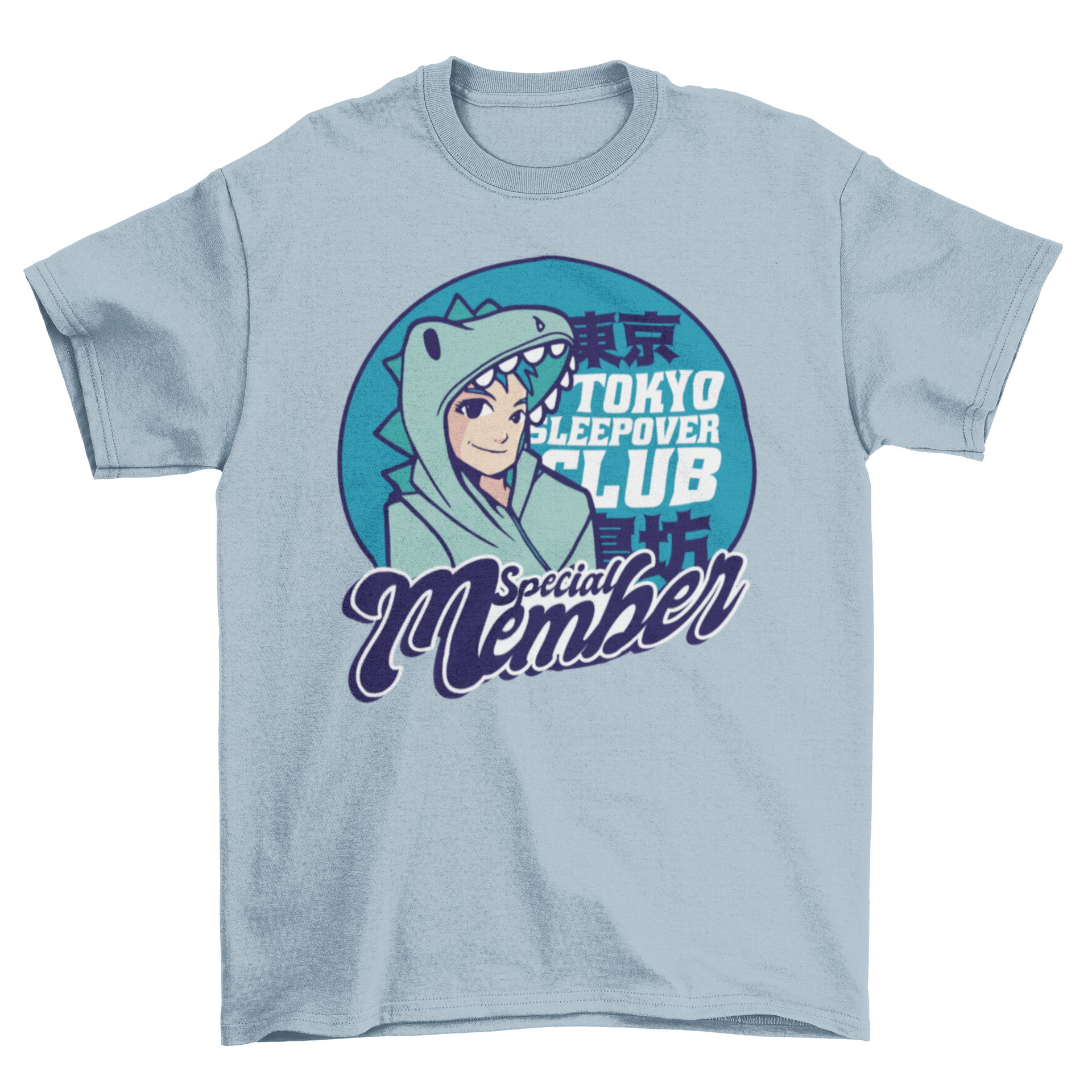 Anime sleepover t-shirt featuring an anime boy in dinosaur pajamas with the quote 'Tokyo sleepover club special member'.