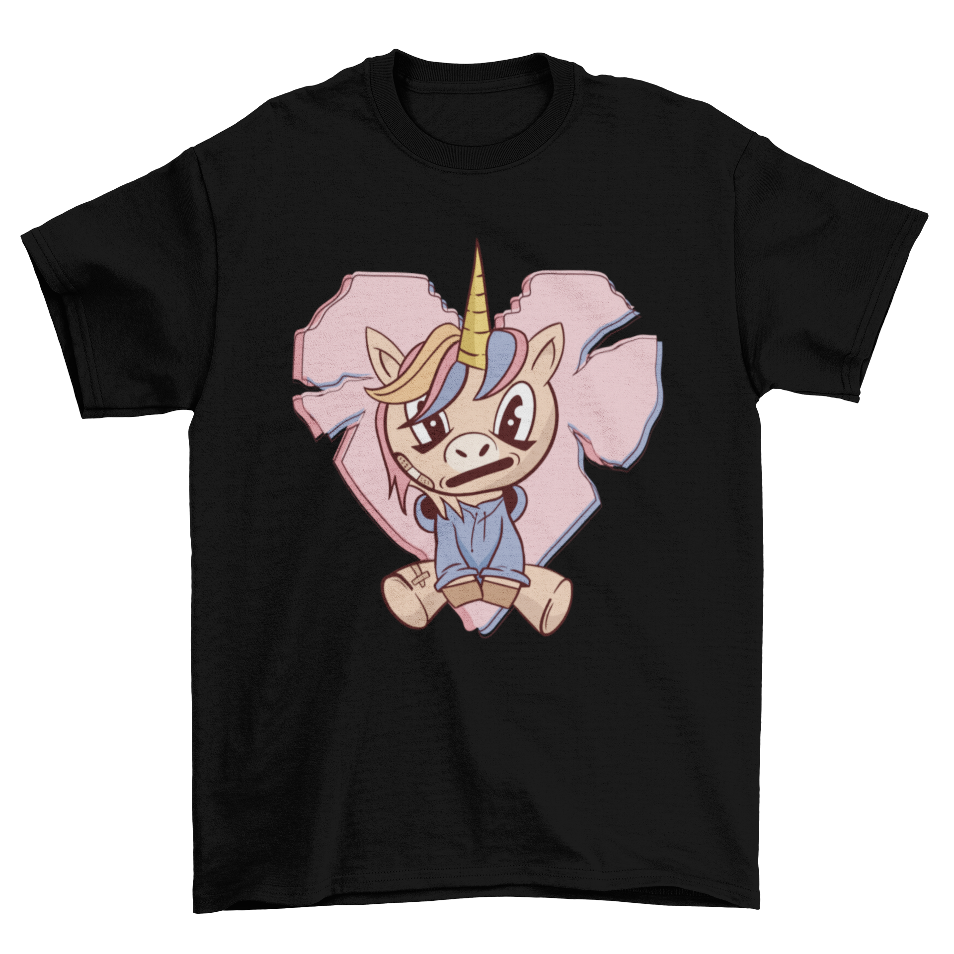 Anime-style T-shirt featuring a whimsical unicorn with a heart in the background, showcasing vibrant colors and intricate details.