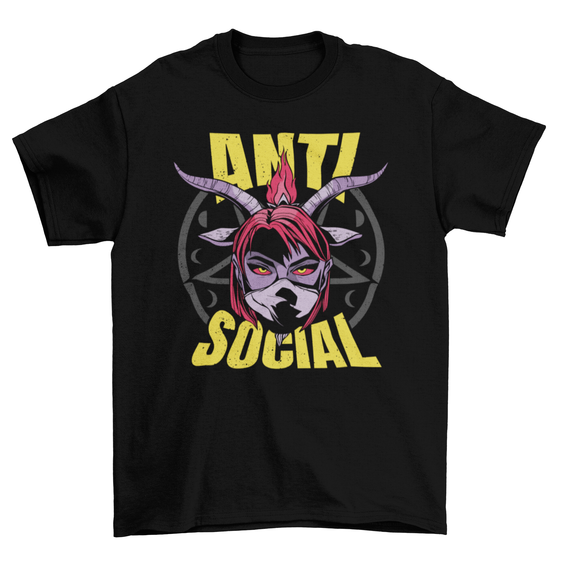 Anti Social Demonic Girl T-Shirt featuring a creepy design of a female demon with the quote 'Anti Social'.
