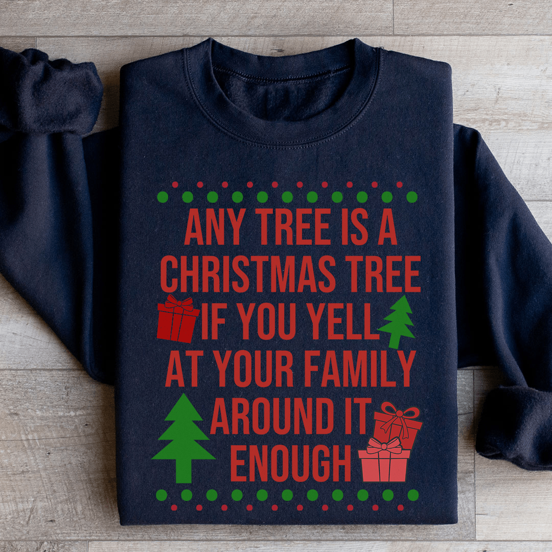Cozy Any Tree Is A Christmas Tree hoodie featuring unique artistic designs, perfect for the holiday season.