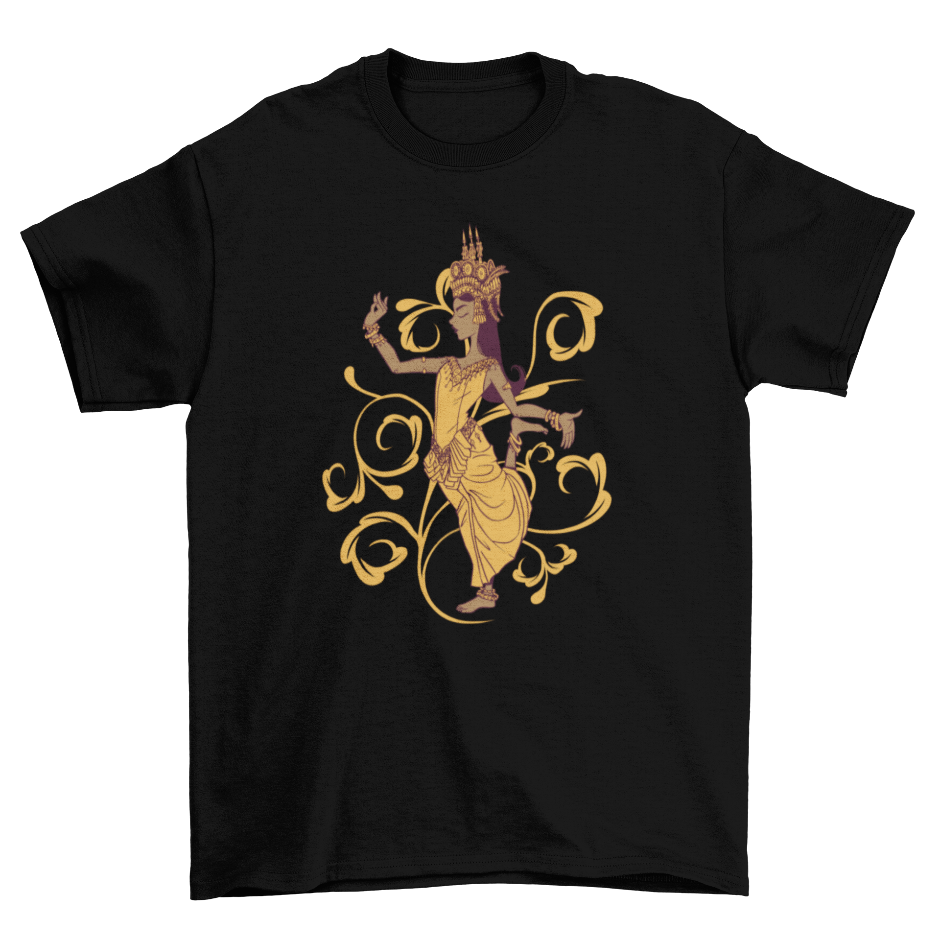 Apsara dancer t-shirt featuring a graceful woman performing traditional dance, showcasing intricate design and vibrant colors.