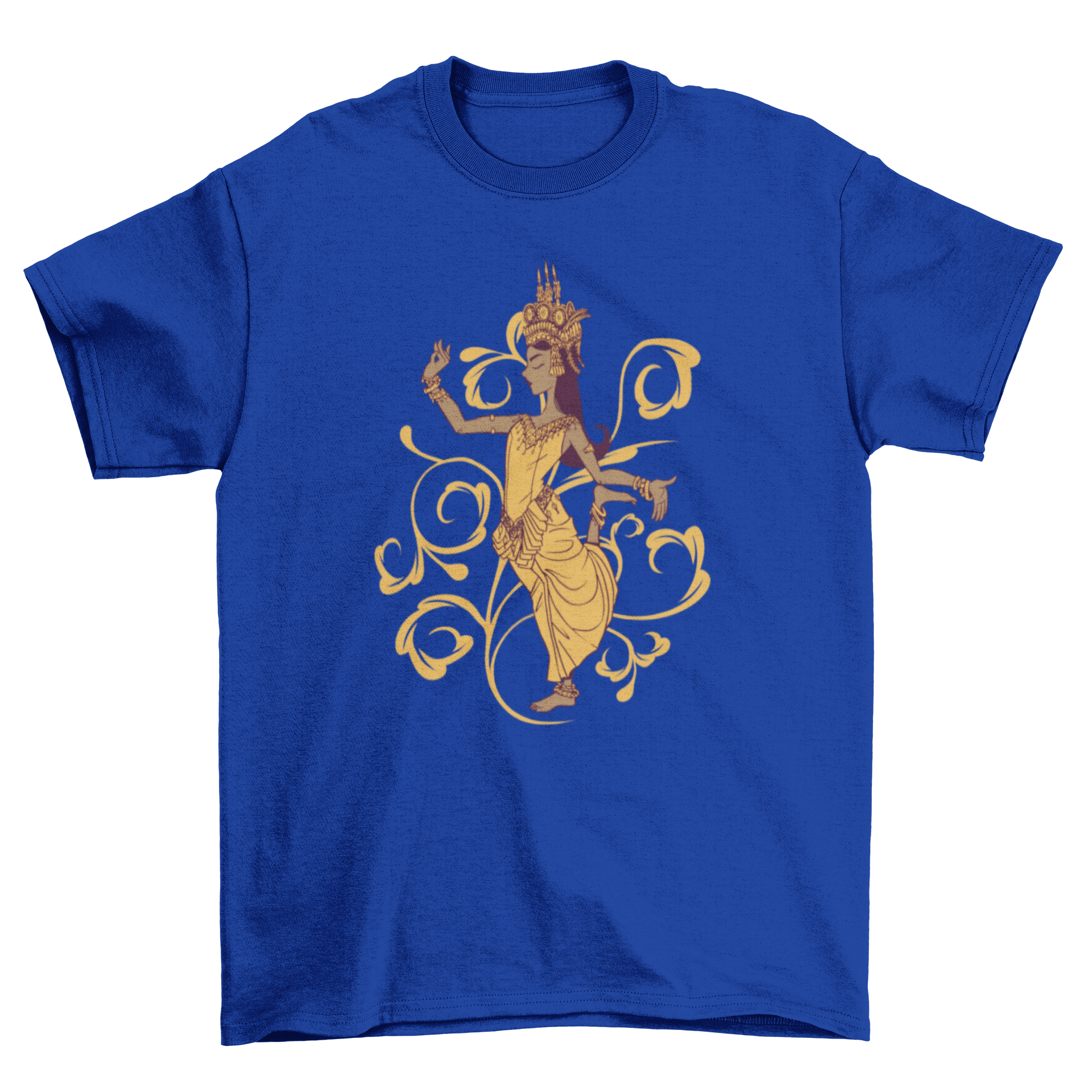 Apsara dancer t-shirt featuring a graceful woman performing traditional dance, showcasing intricate design and vibrant colors.