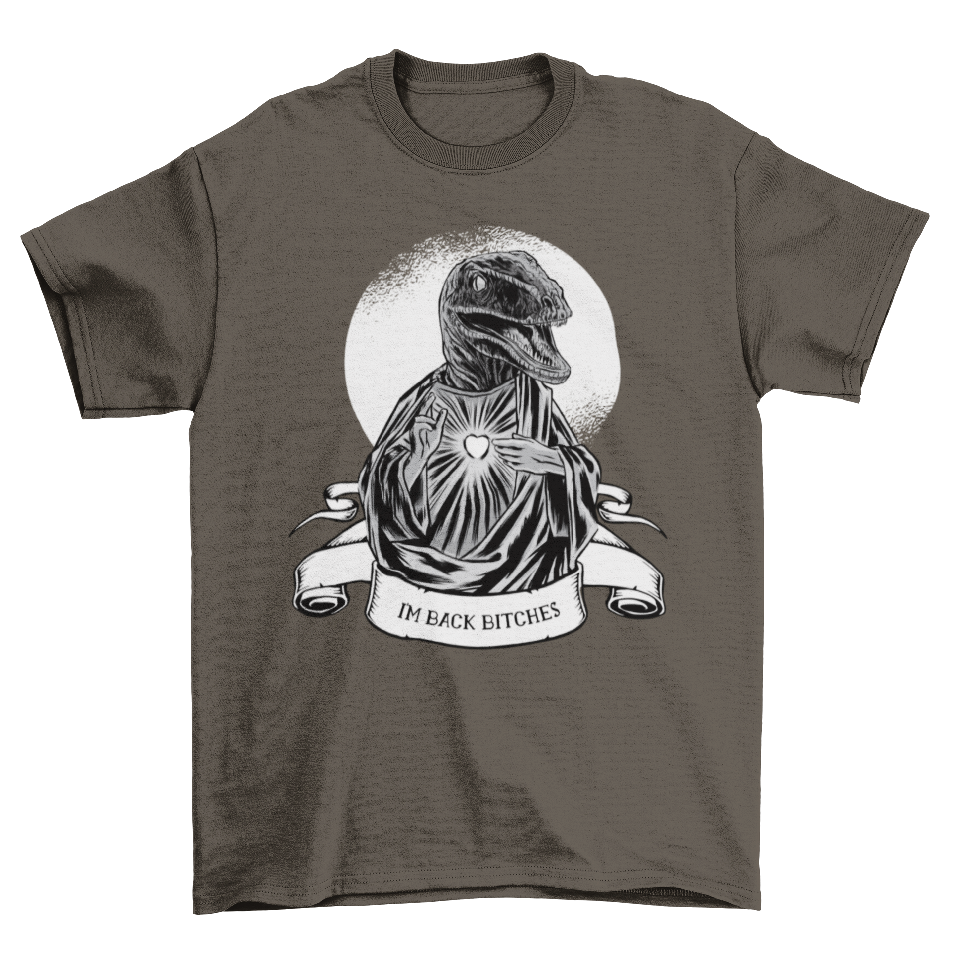Aptor Jesus T-Shirt featuring a raptor in a Jesus costume with a humorous badge.