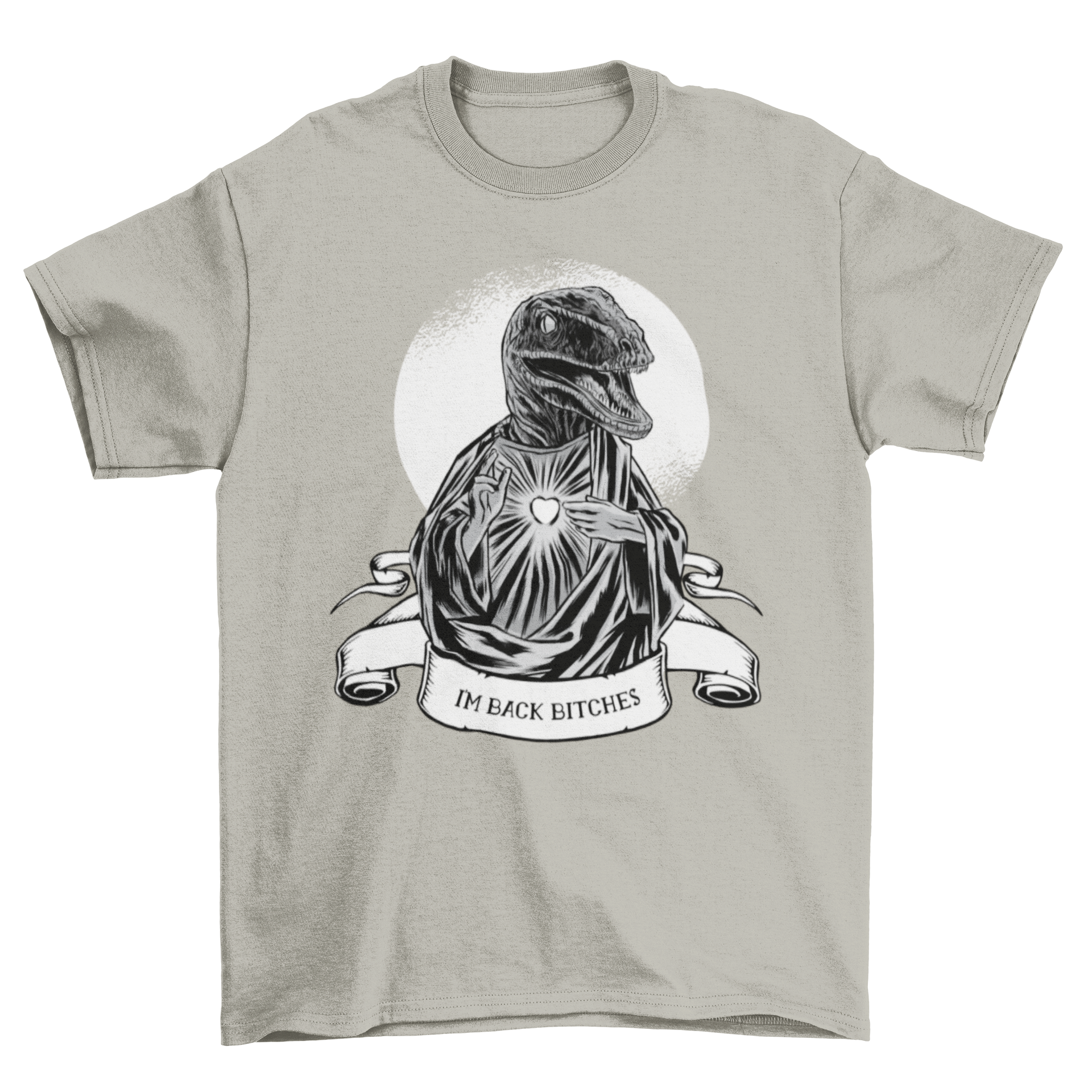 Aptor Jesus T-Shirt featuring a raptor in a Jesus costume with a humorous badge.