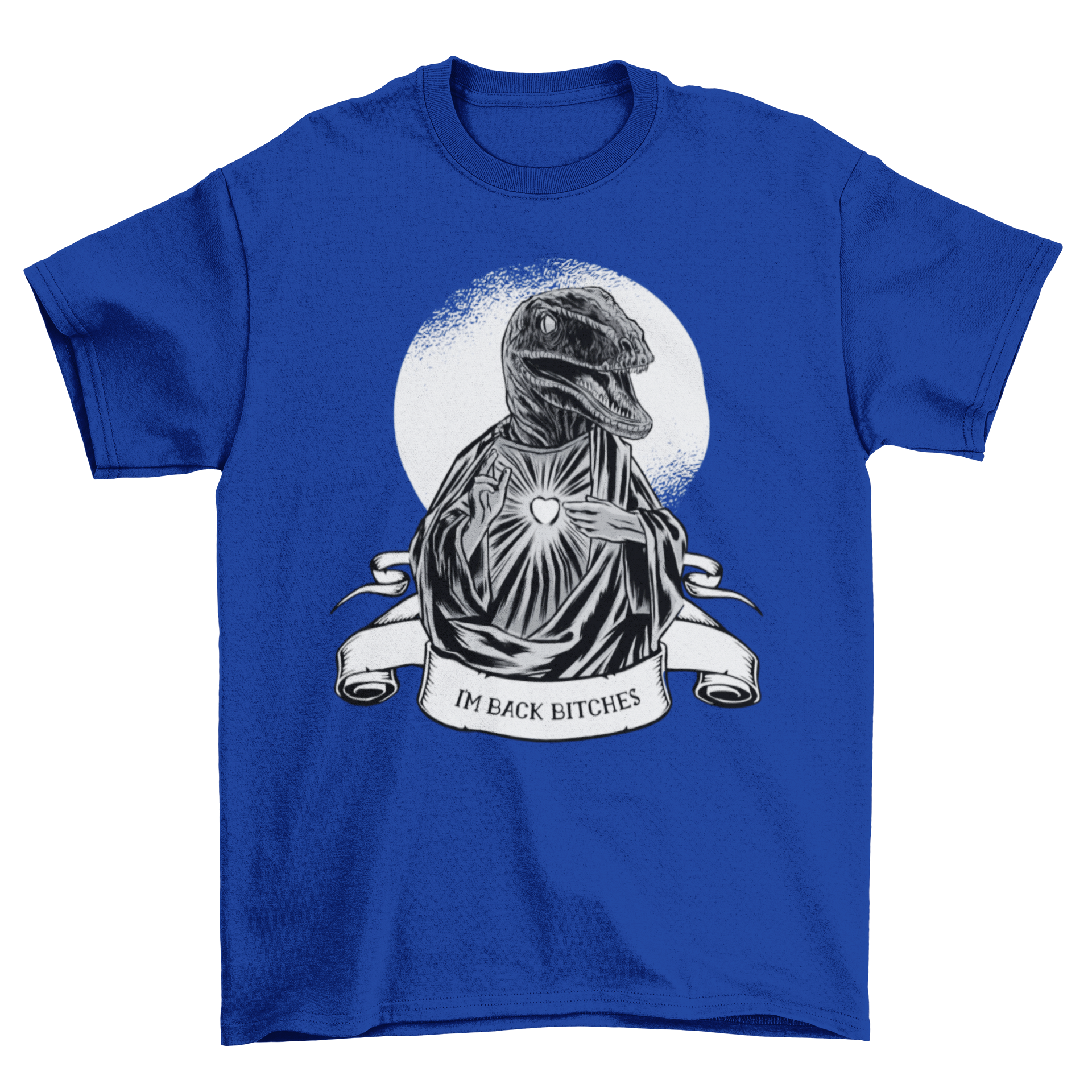 Aptor Jesus T-Shirt featuring a raptor in a Jesus costume with a humorous badge.