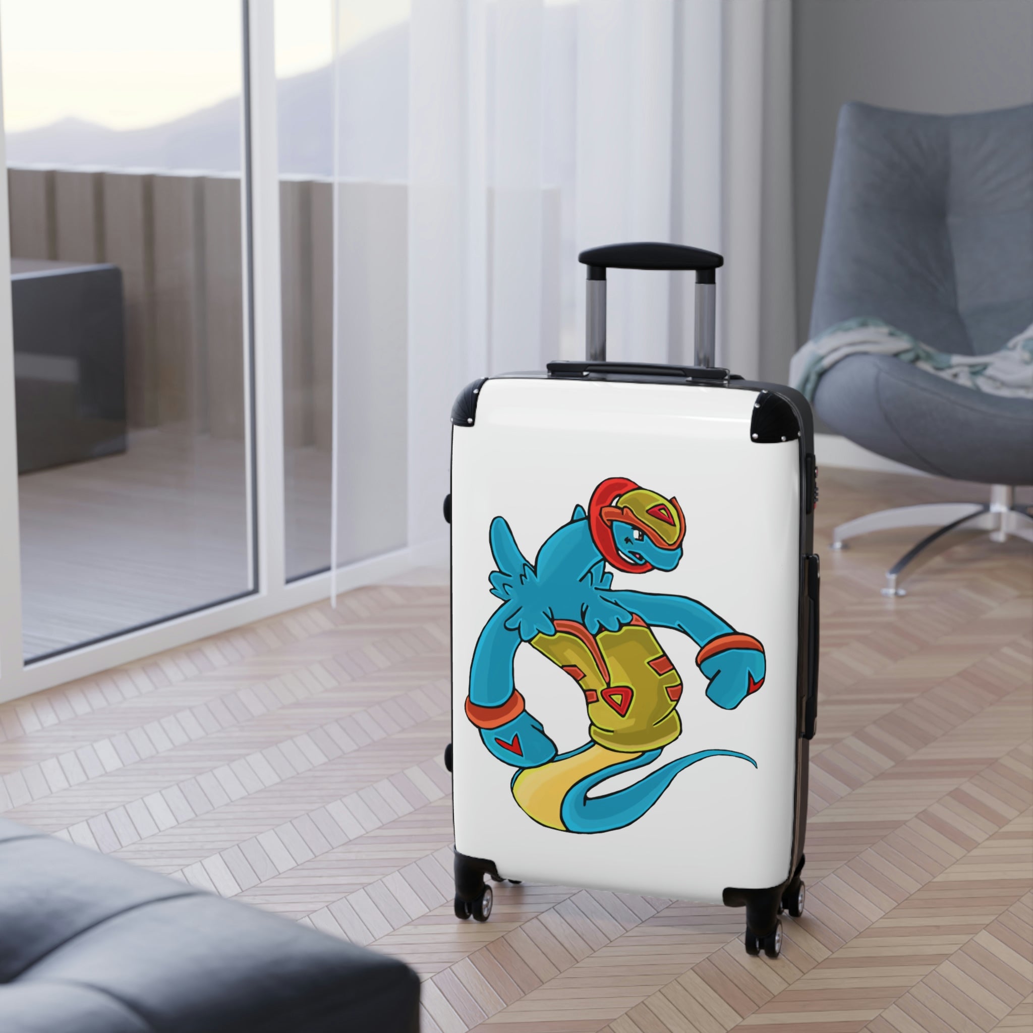 Aqrine Cabin Suitcase featuring a personalized design, durable polycarbonate shell, and adjustable handle, ideal for stylish travel.