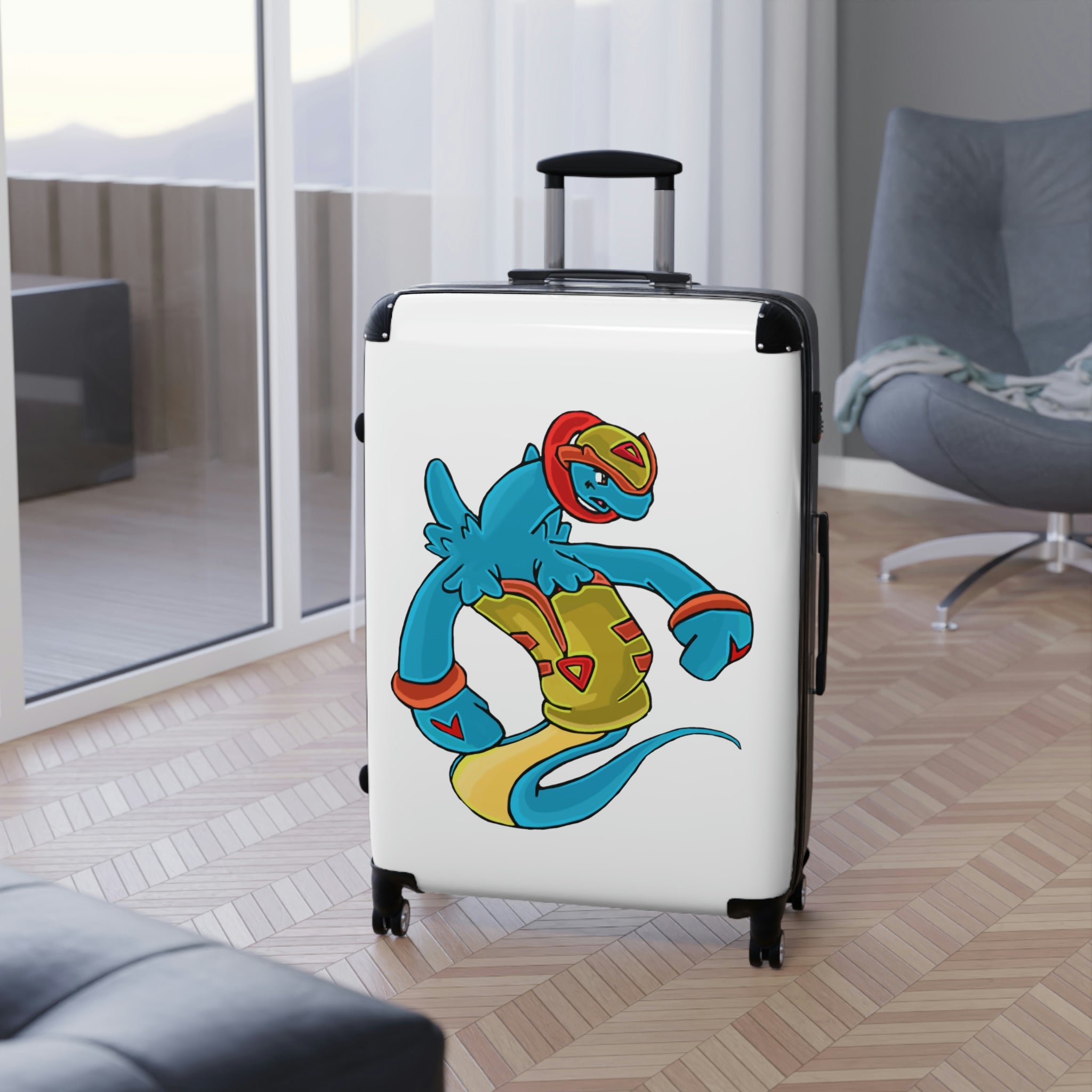 Aqrine Cabin Suitcase featuring a personalized design, durable polycarbonate shell, and adjustable handle, ideal for stylish travel.