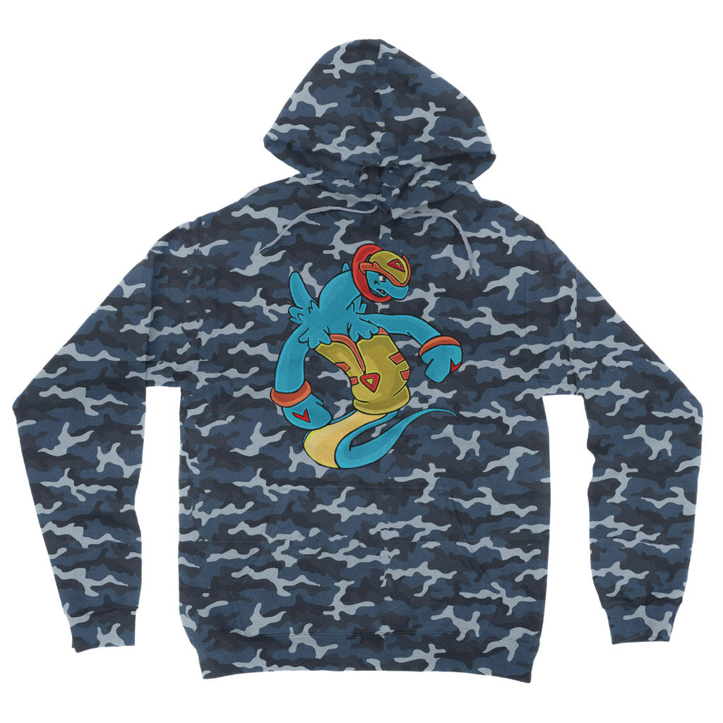 Aqrine Camouflage Adult Hoodie featuring classic camo print, double fabric hood, and kangaroo pouch pocket.
