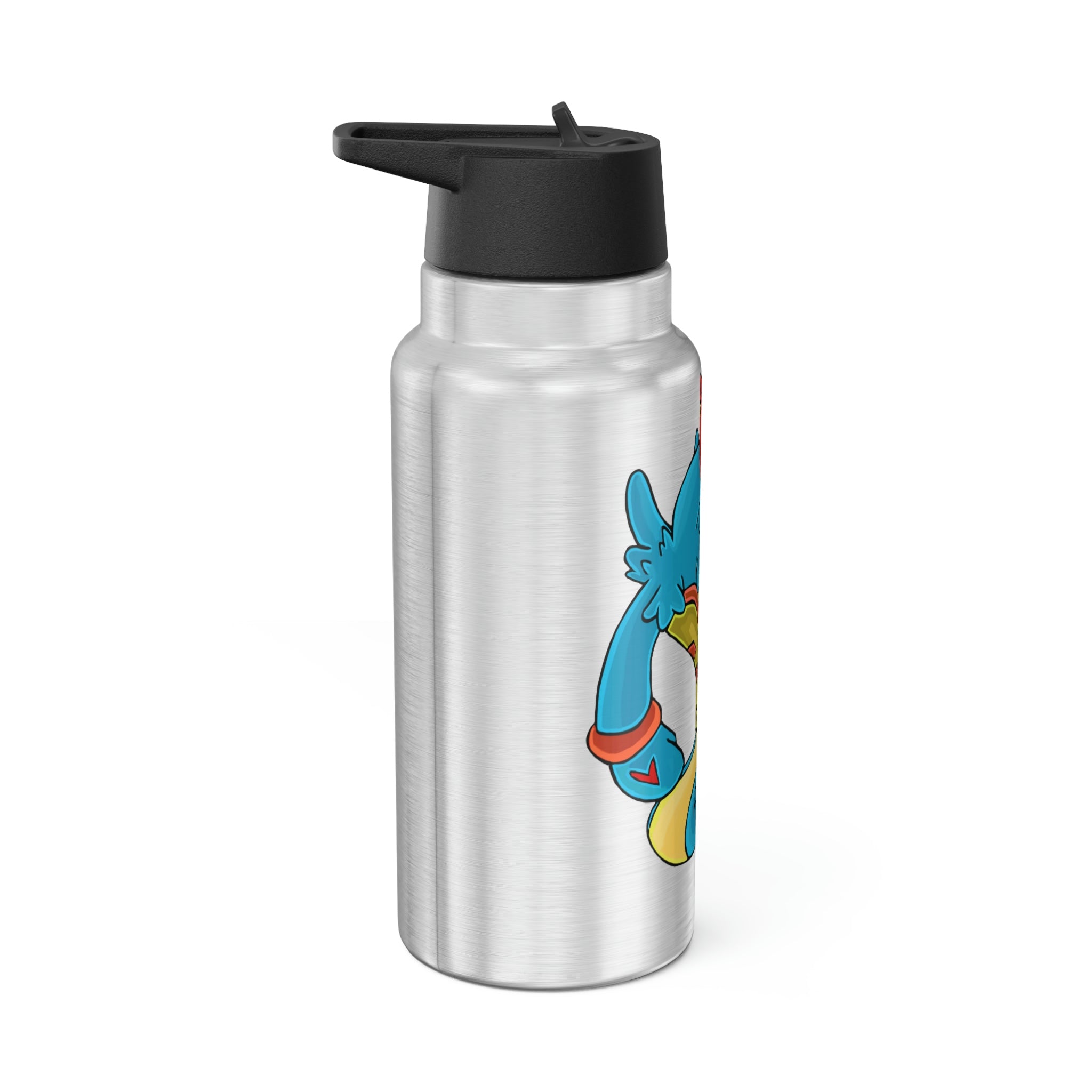 Aqrine Gator Tumbler in stainless steel with a black screw-on cap and plastic straw, showcasing a customizable design.