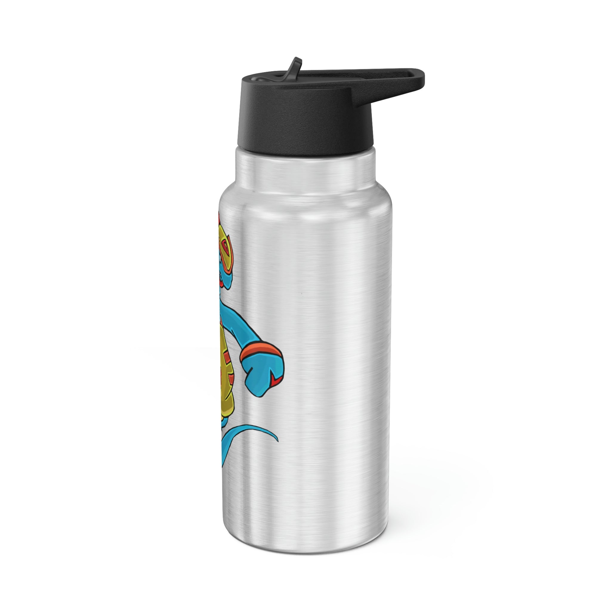 Aqrine Gator Tumbler in stainless steel with a black screw-on cap and plastic straw, showcasing a customizable design.