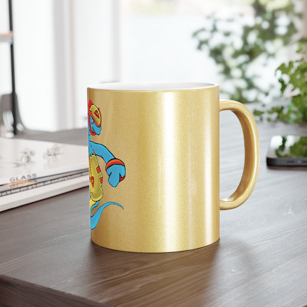 Aqrine Metallic Mug in Silver and Gold with personalized designs, showcasing a shiny ceramic finish and comfortable C-handle.