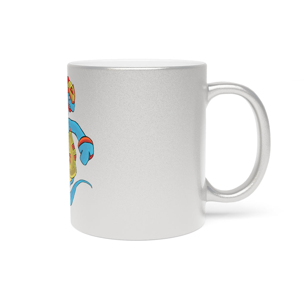 Aqrine Metallic Mug in Silver and Gold with personalized designs, showcasing a shiny ceramic finish and comfortable C-handle.