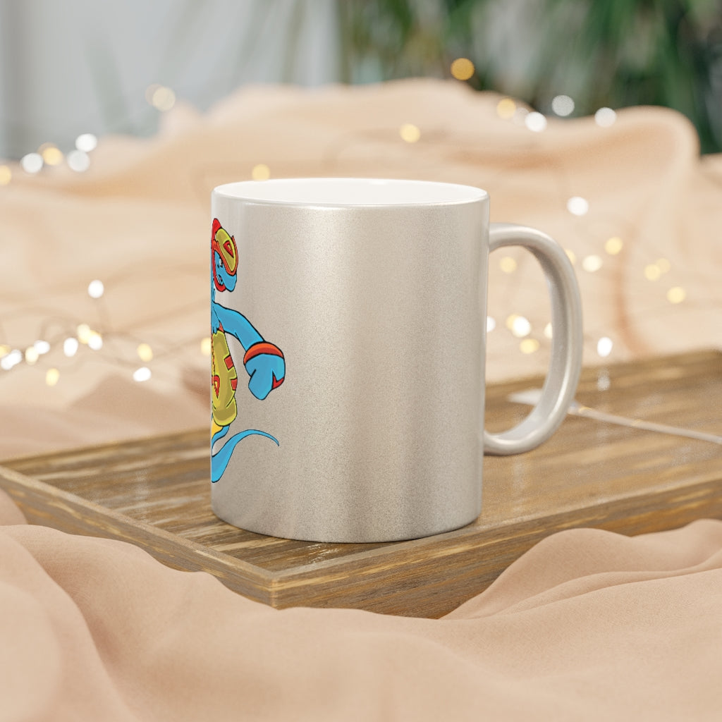 Aqrine Metallic Mug in Silver and Gold with personalized designs, showcasing a shiny ceramic finish and comfortable C-handle.
