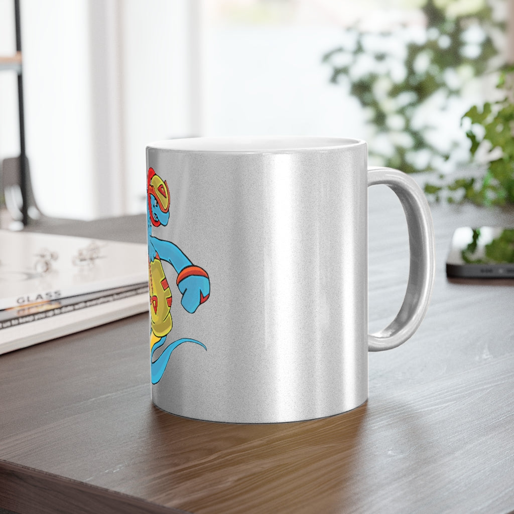Aqrine Metallic Mug in Silver and Gold with personalized designs, showcasing a shiny ceramic finish and comfortable C-handle.