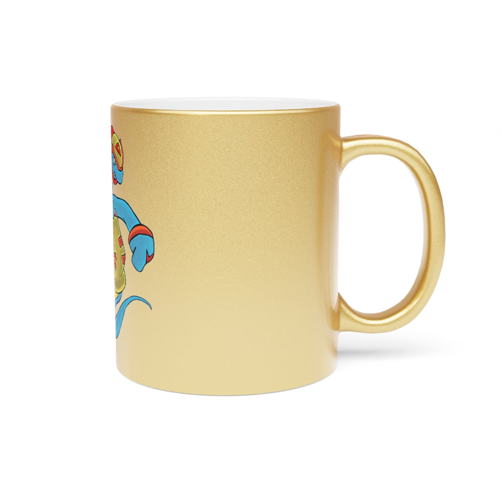 Aqrine Metallic Mug in Silver and Gold with personalized designs, showcasing a shiny ceramic finish and comfortable C-handle.