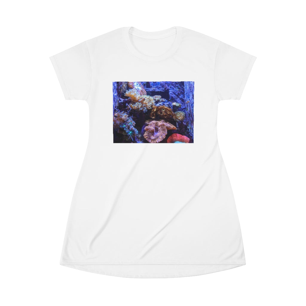 Aquarium All Over Print T-Shirt Dress featuring vibrant aquatic designs on a lightweight fabric.